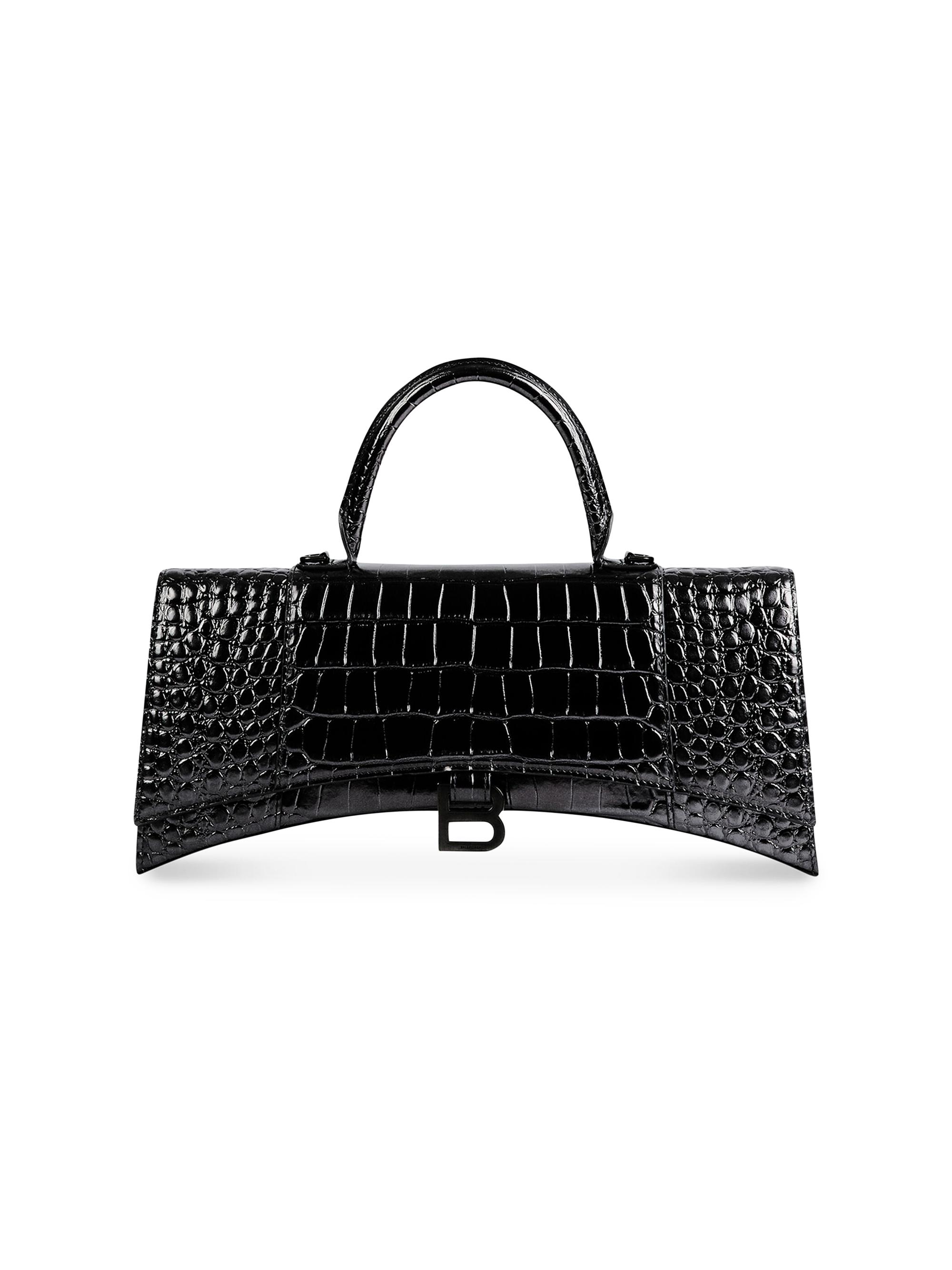 Balenciaga Women's Hourglass Streched Crocodile Embossed Top Handle Bag - Black