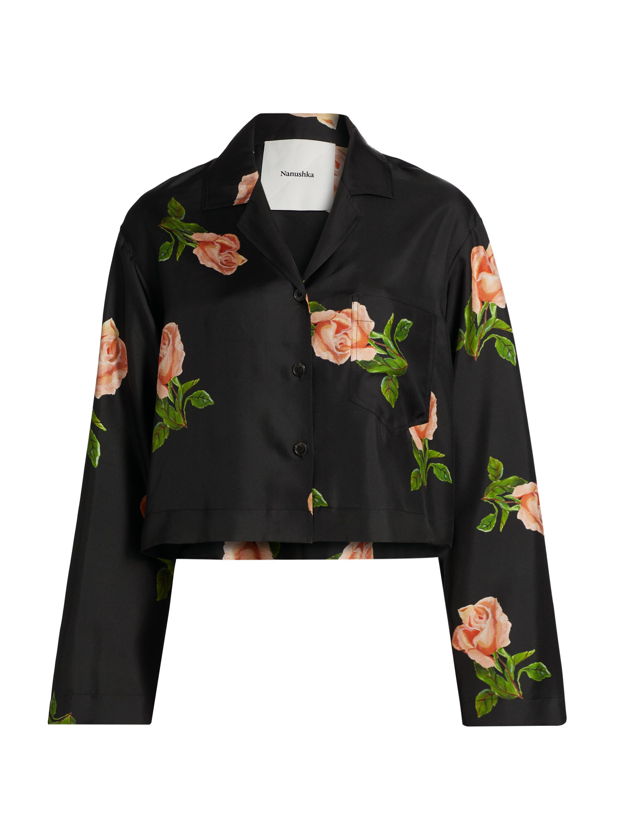 Nanushka Women's Vally Floral Silk Twill Button-Front Top - Off Black Roses