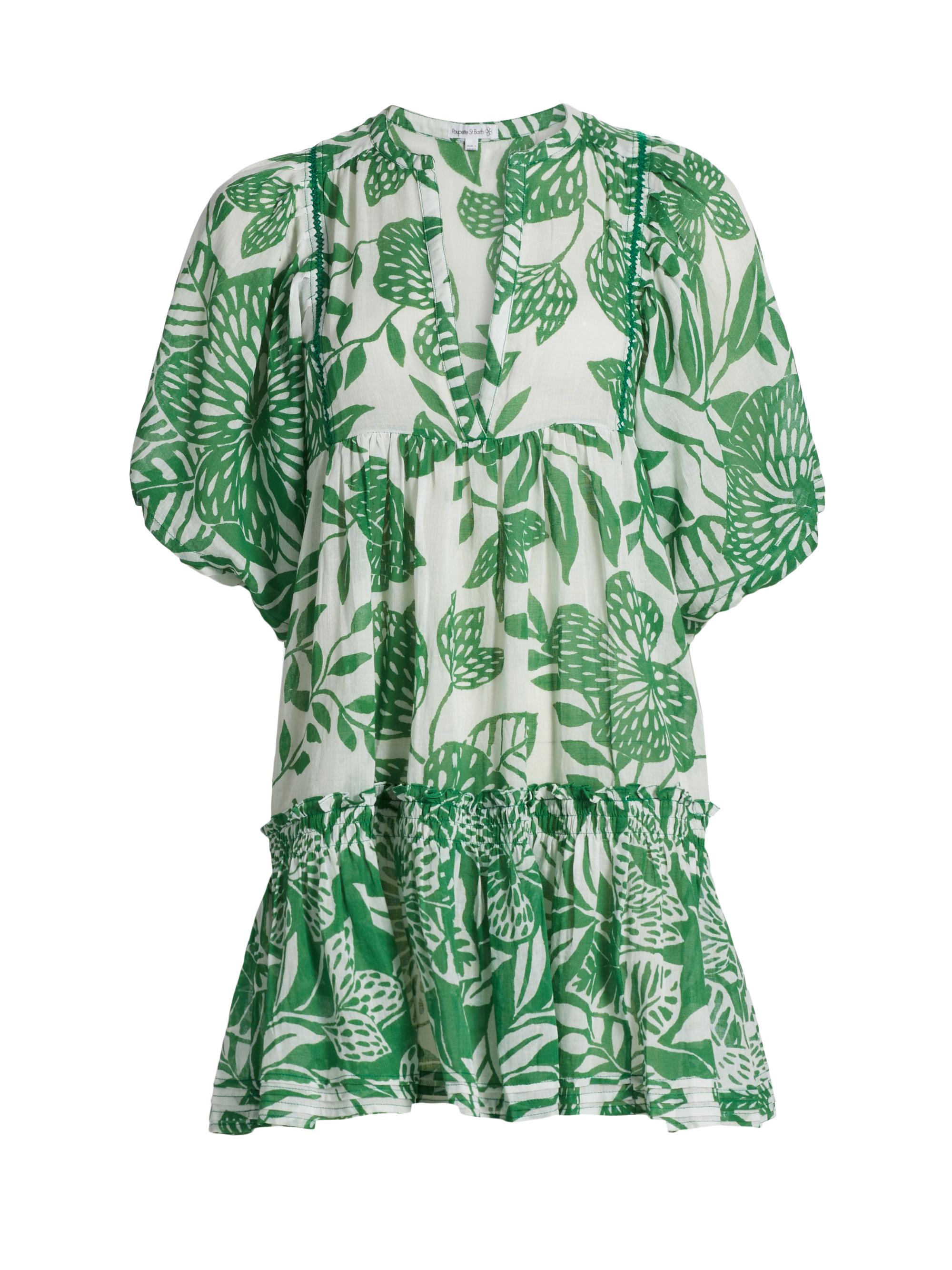 Poupette St Barth Women's Aria Floral Cotton V-Neck Minidress - White Green Macro Stelis
