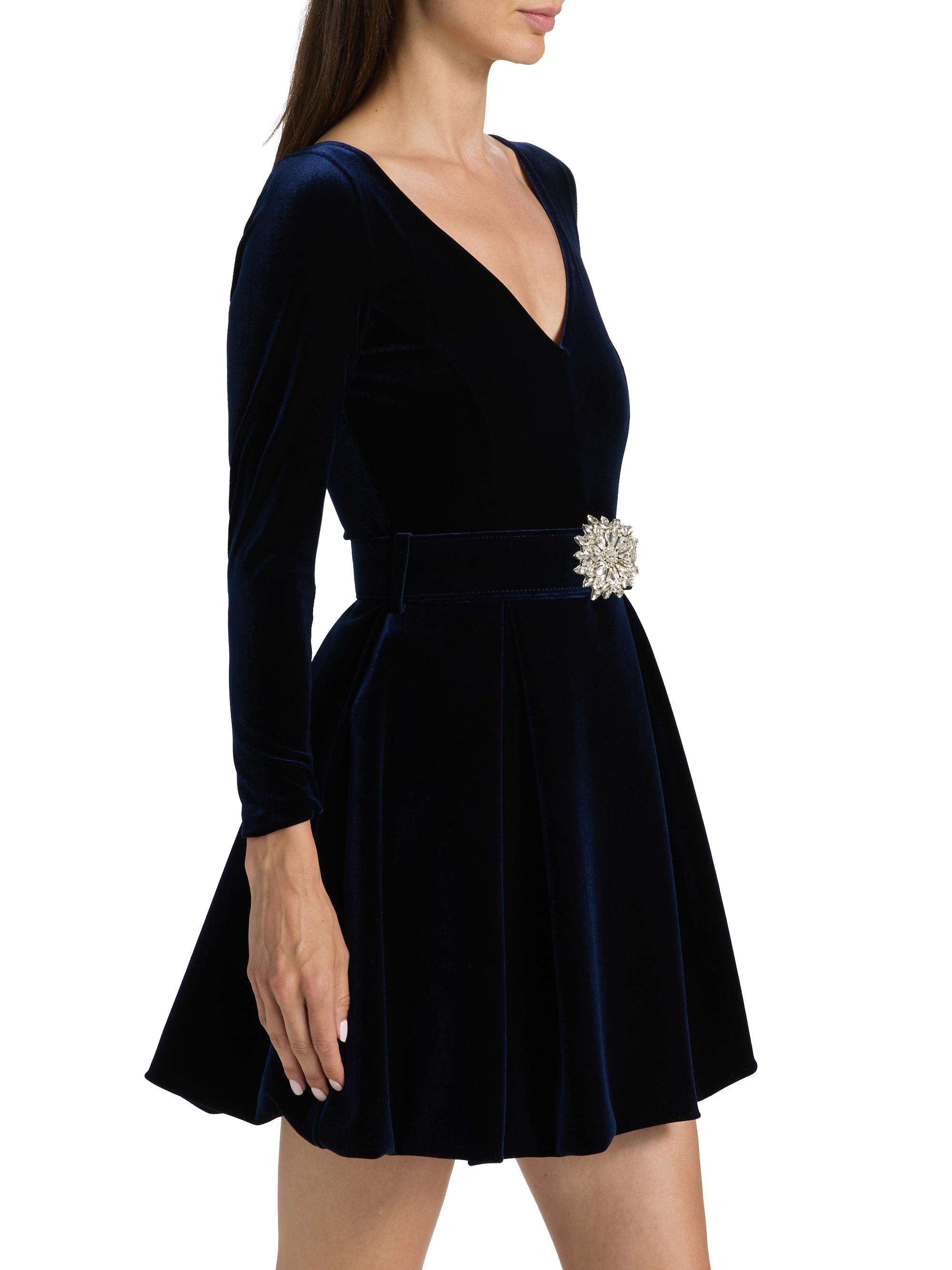 Chiara Boni La Petite Robe Women's Embellished Velvet Belted Cocktail Minidress - Blue Notte Black - Size 2