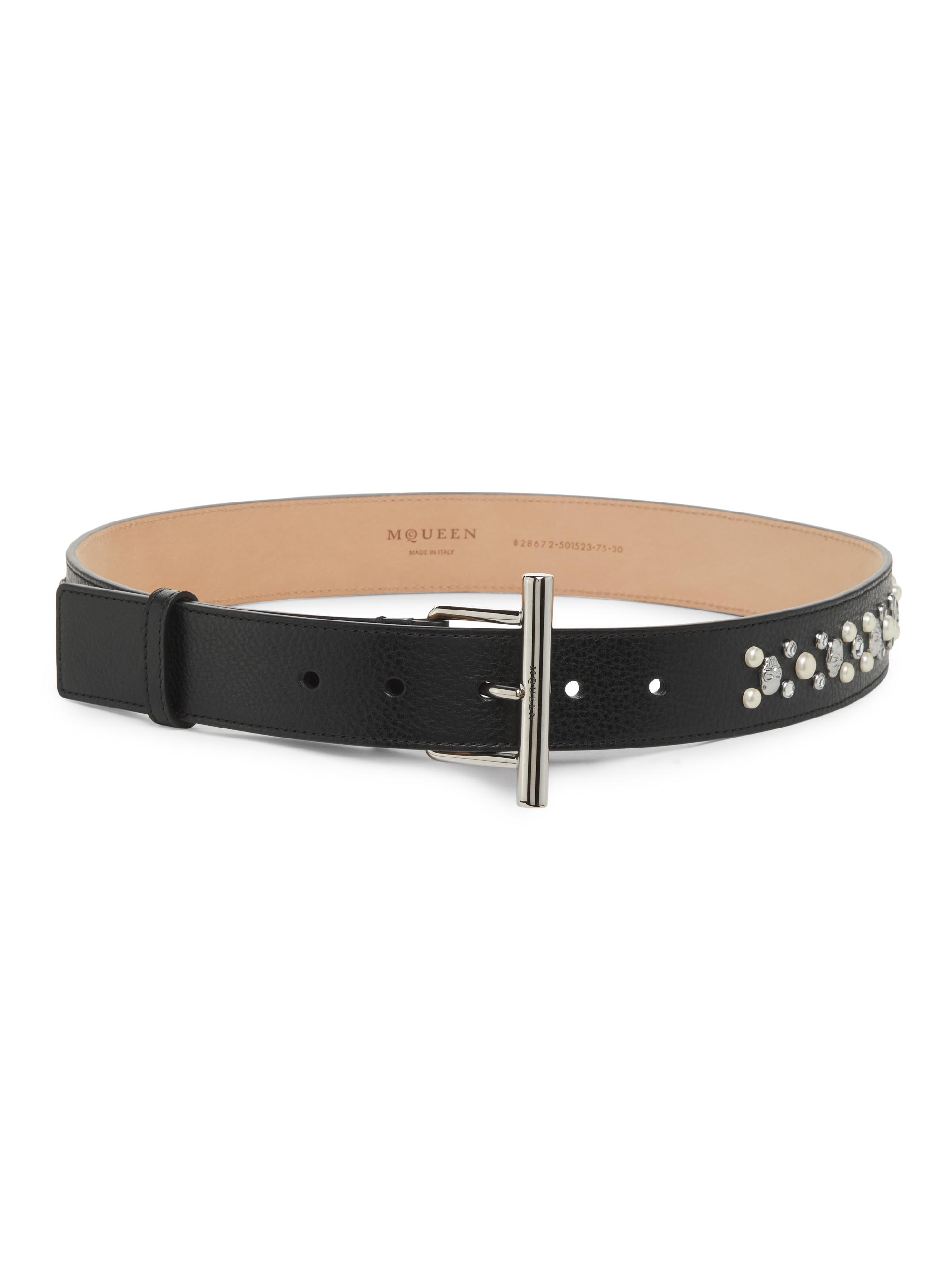 McQueen Women's T-Bar Crystal & Imitation Pearl-Studded Leather Belt - Black Silver