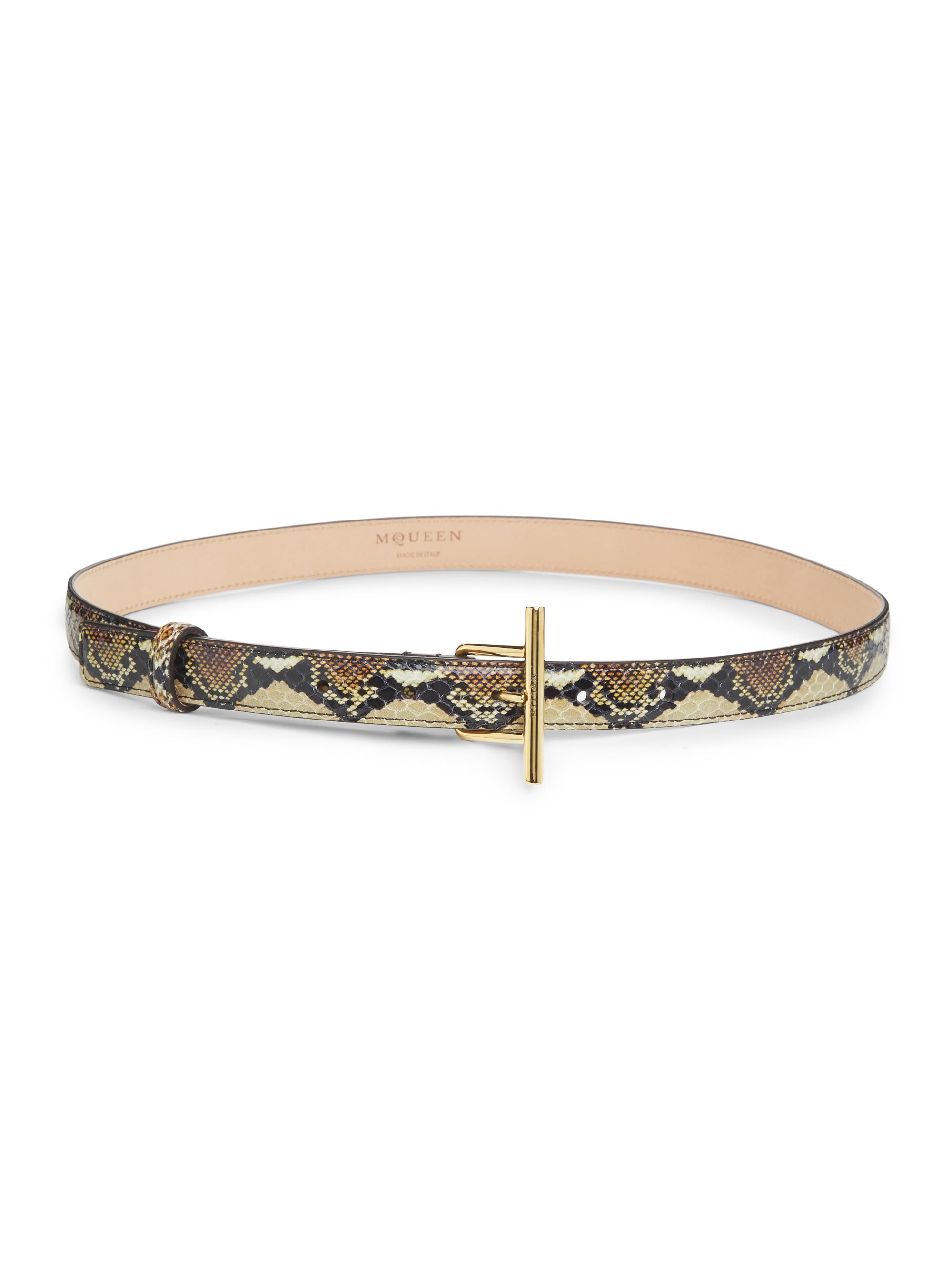 McQueen Women's Snake-Embossed Leather T-Bar Belt - Brown Gold