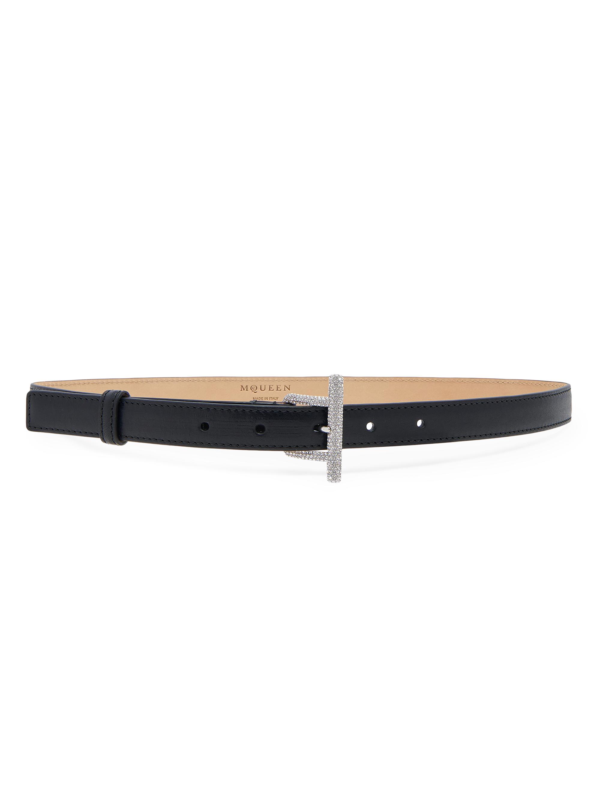 McQueen Women's Embellished Leather T-Bar Belt - Black And Silver