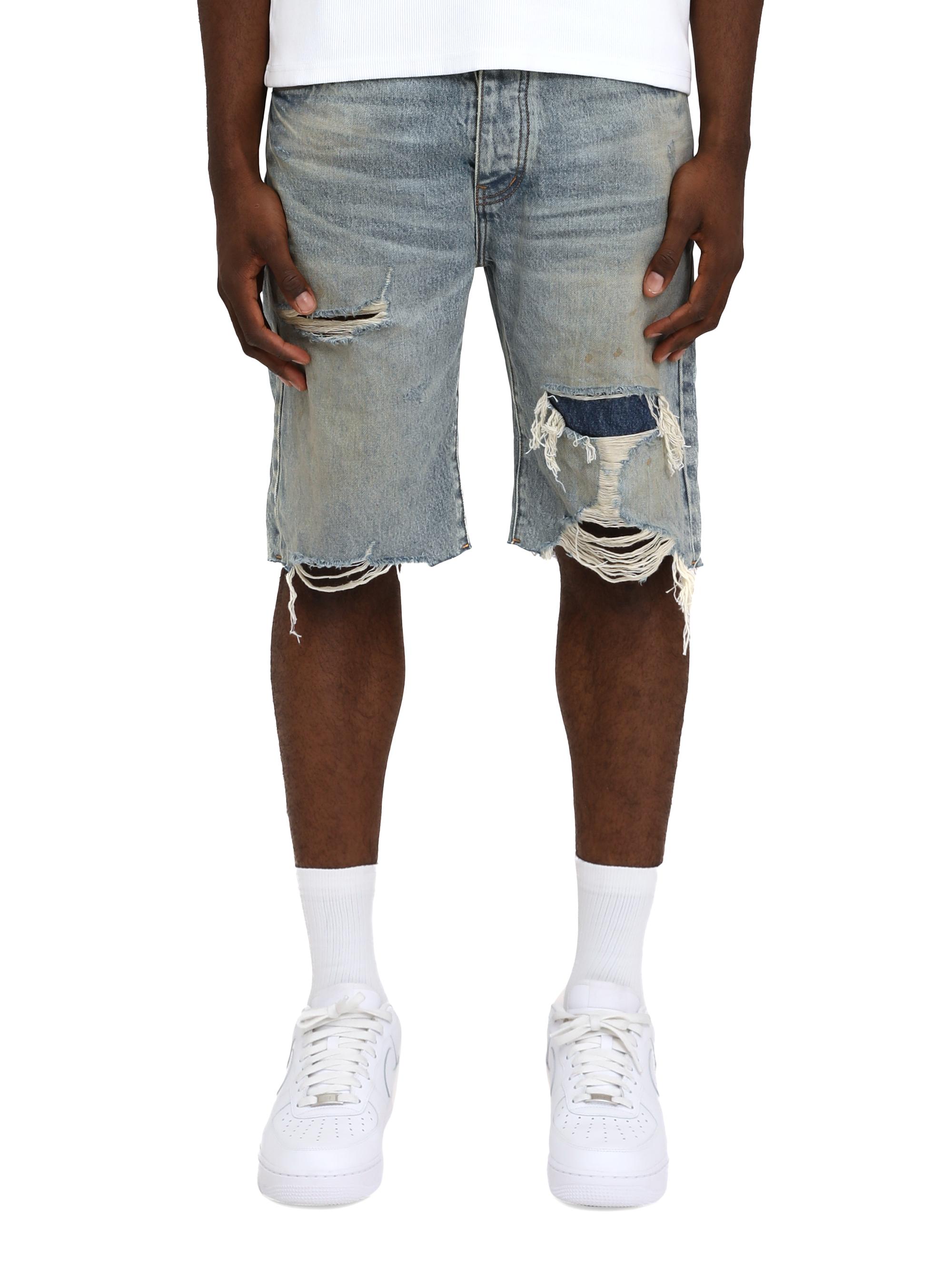 Purple Brand Men's Faros Rip Patched Denim Shorts - Light Indigo