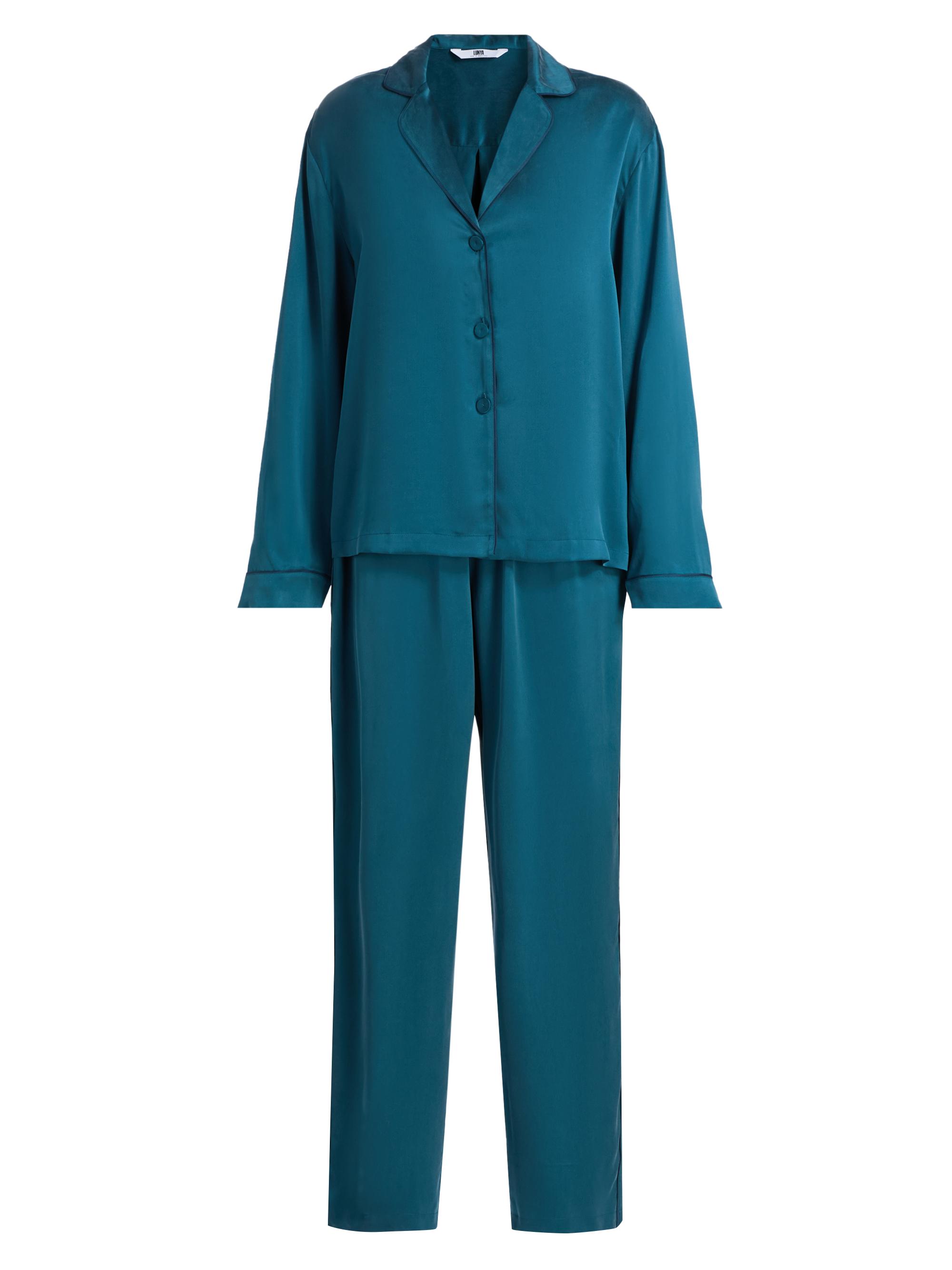 Lunya Women's Piped Silk Pajamas - Piquant Teal Lazing Navy