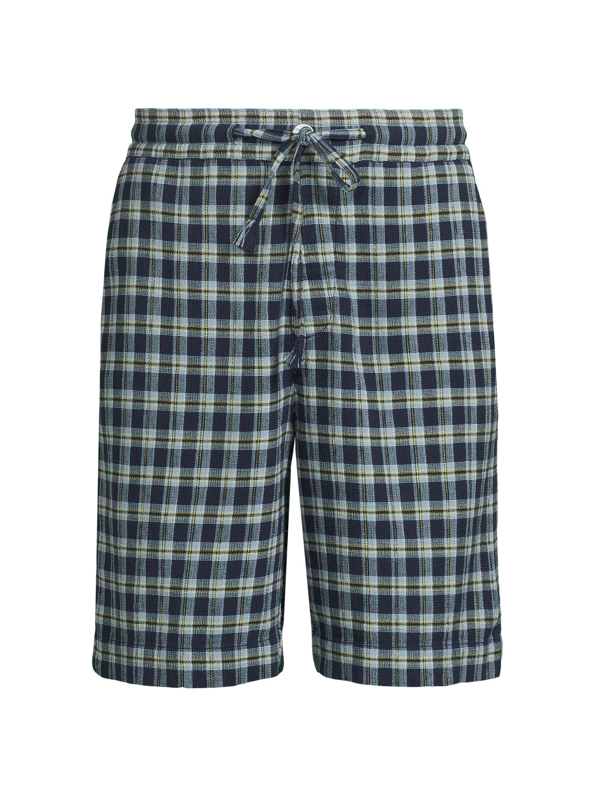 The Elder Statesman Men's Dune Plaid Fringe Beach Shorts - Navy