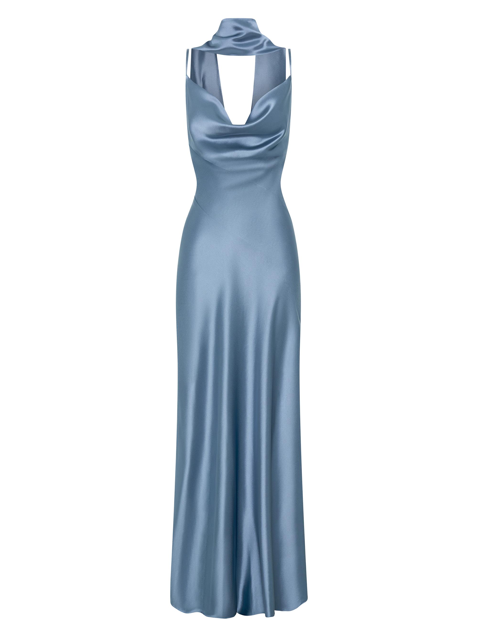 Nicholas the Label Women's Geneva Satin Cowlneck Column Gown - Blue Smoke