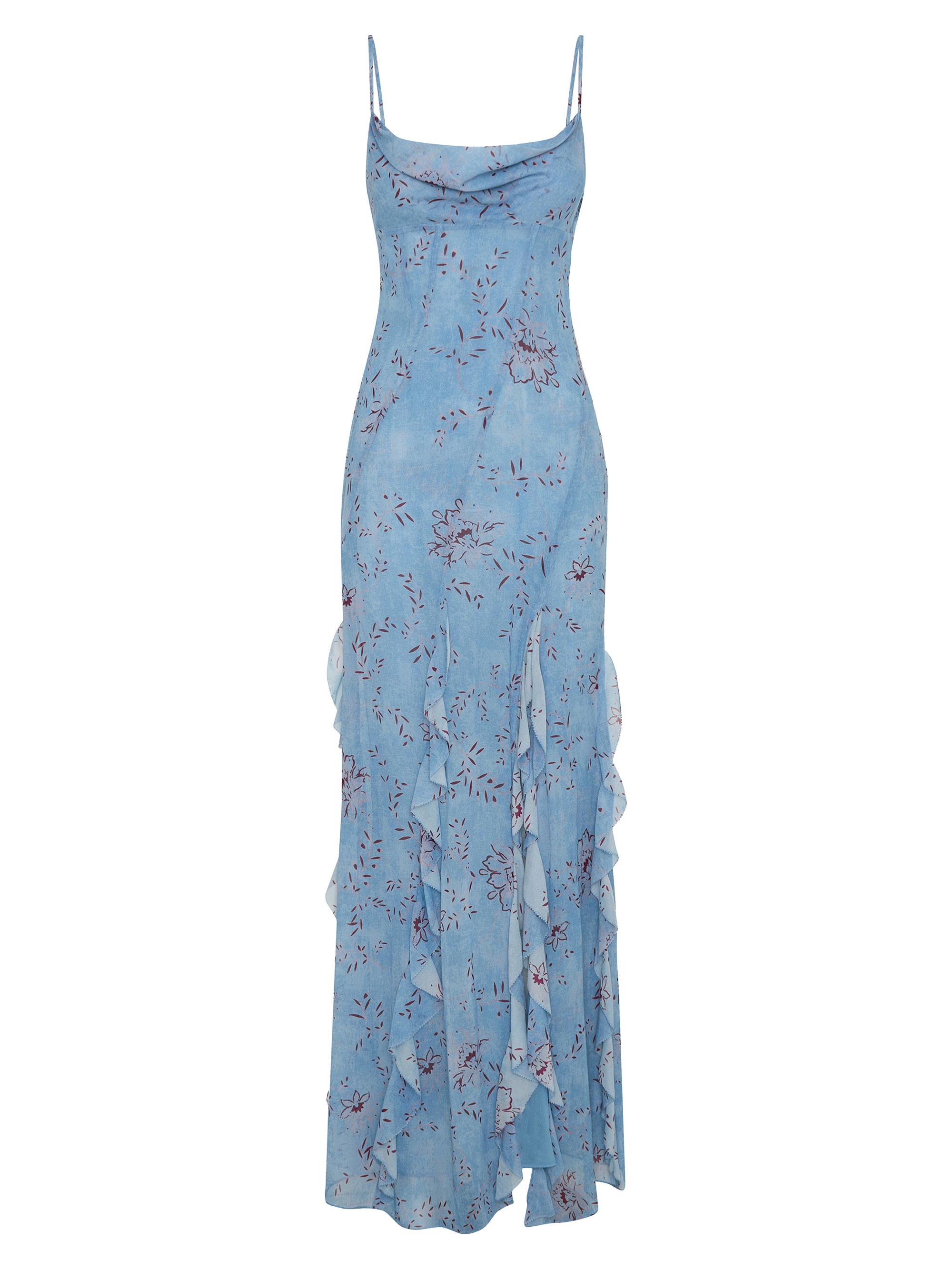 Nicholas the Label Women's Kamila Ruffle Cowlneck Gown - Wisteria Floral Blue Smoke