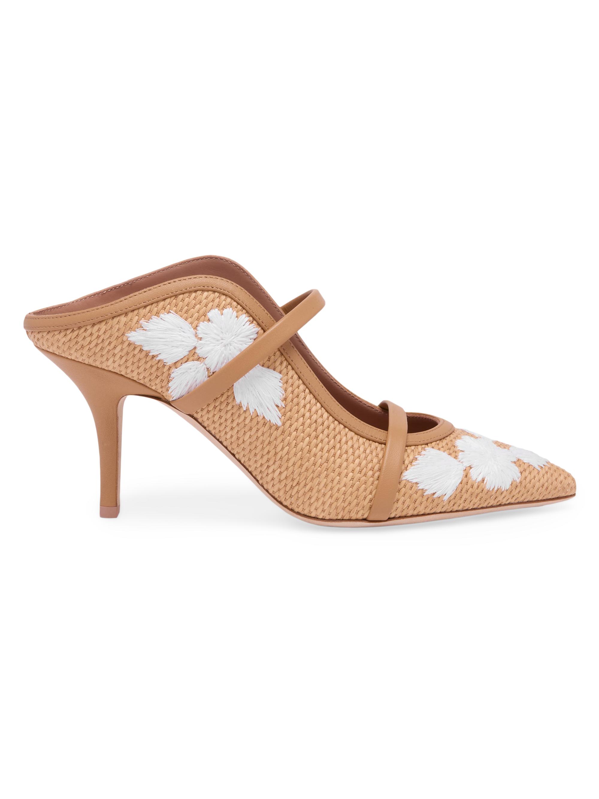 Malone Souliers Women's Maureen 70MM Flower Embroidered Raffia Mules - Camel Honey White
