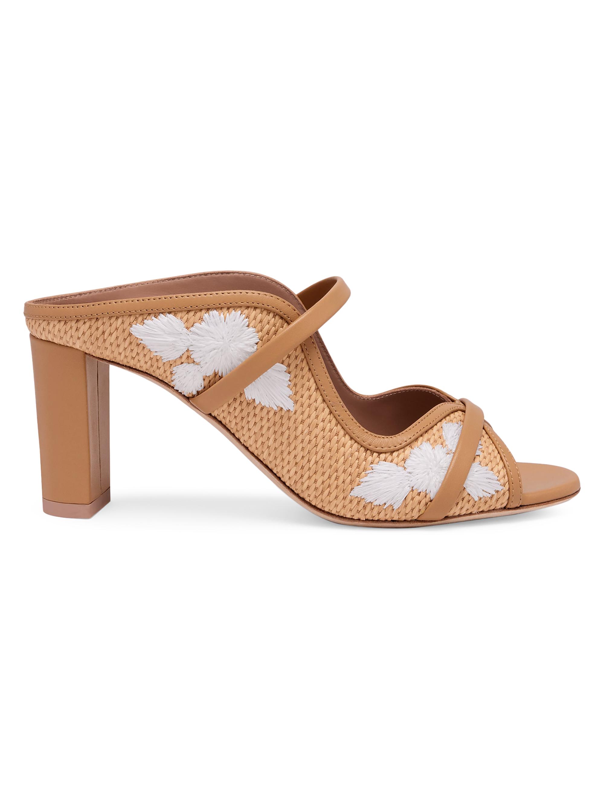 Malone Souliers Women's Norah 0mm Flower Embroidered Raffia Sandals - Camel Honey White