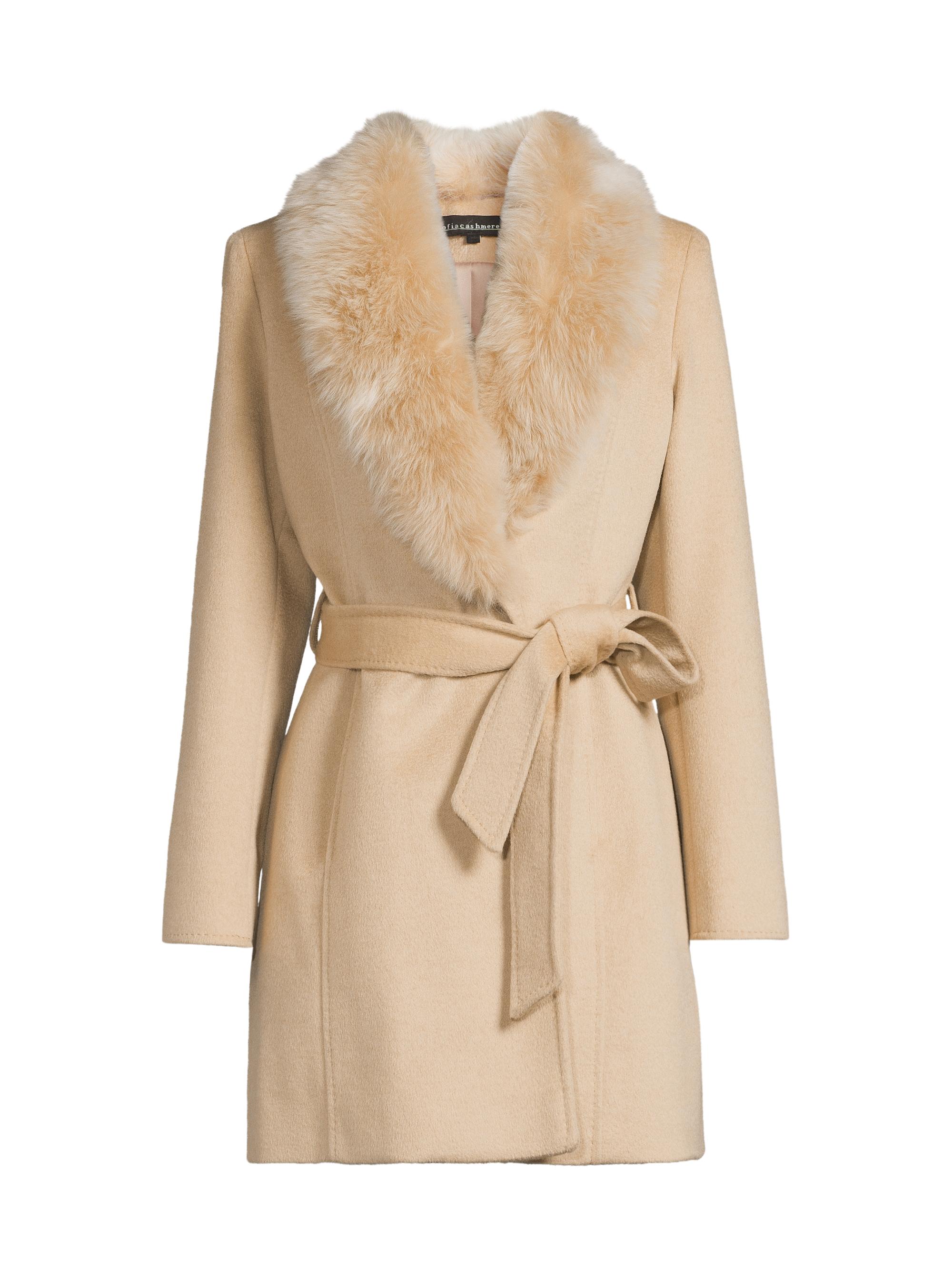 Sofia Cashmere Women's Shearling Collar Wrap Coat - Beige