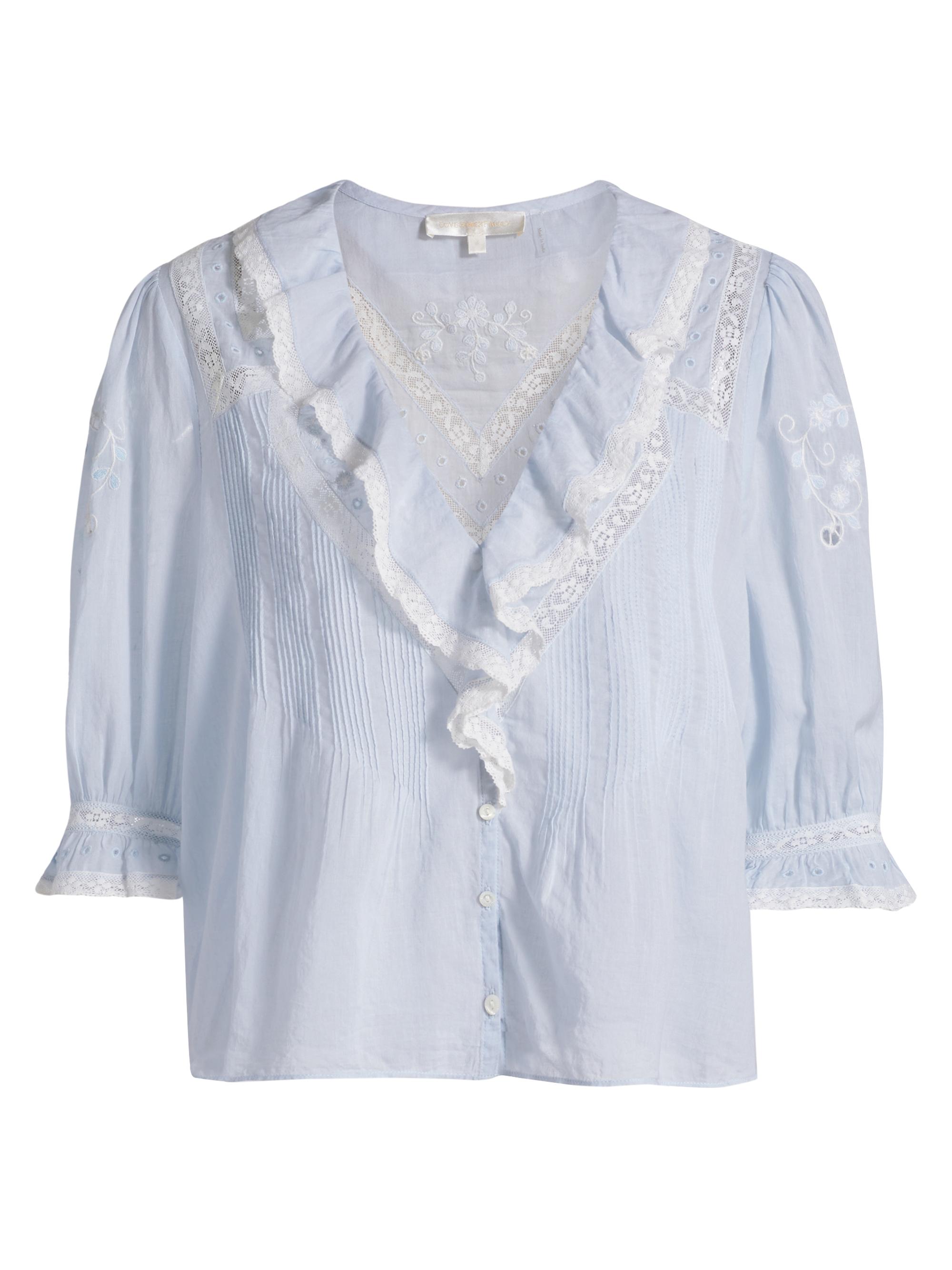 LoveShackFancy Women's Sinora Ruffled & Lace Cotton Top - Pale Blue