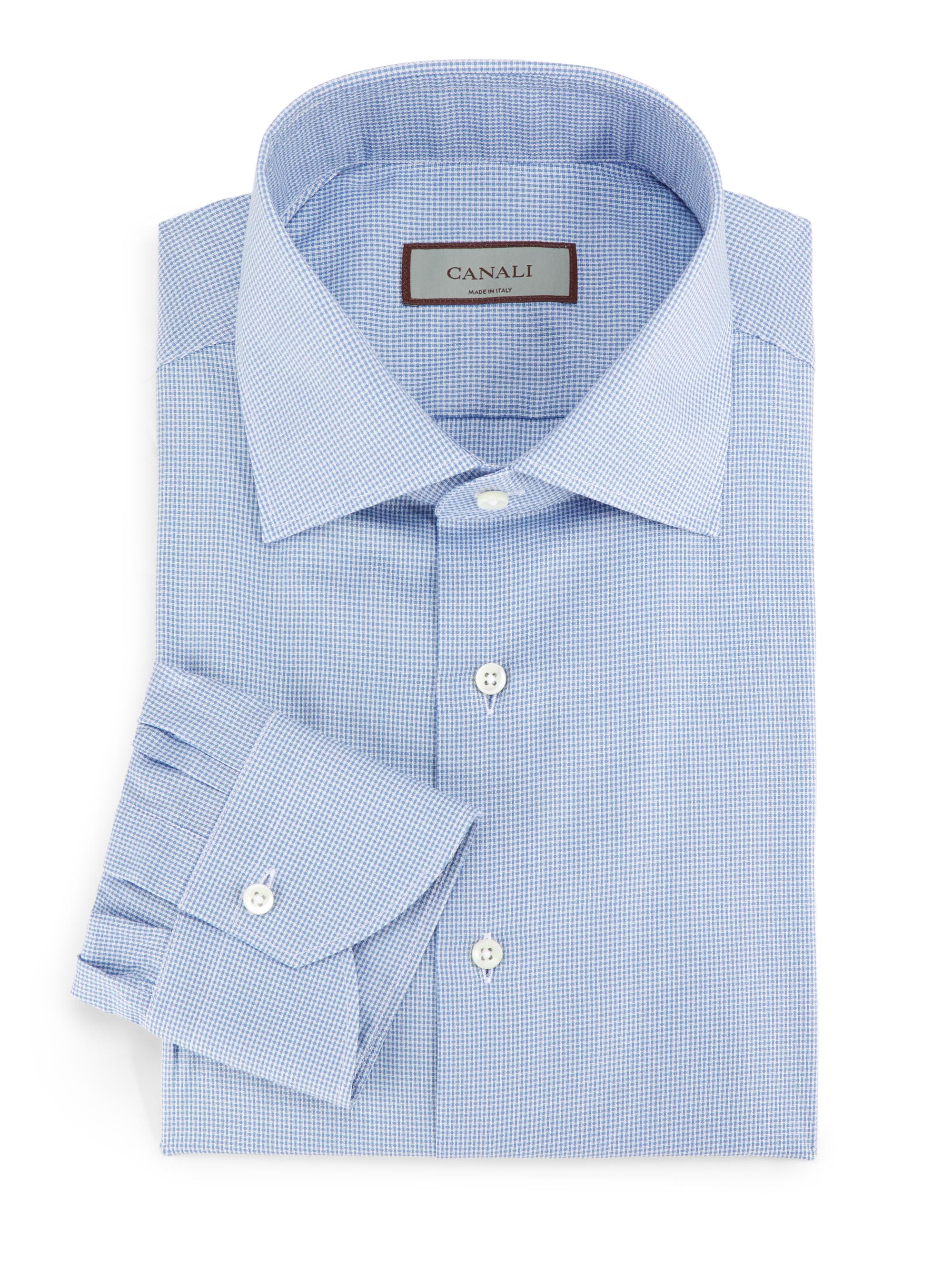 Canali Men's Micro Houndstooth Cotton Dress Shirt - Blue