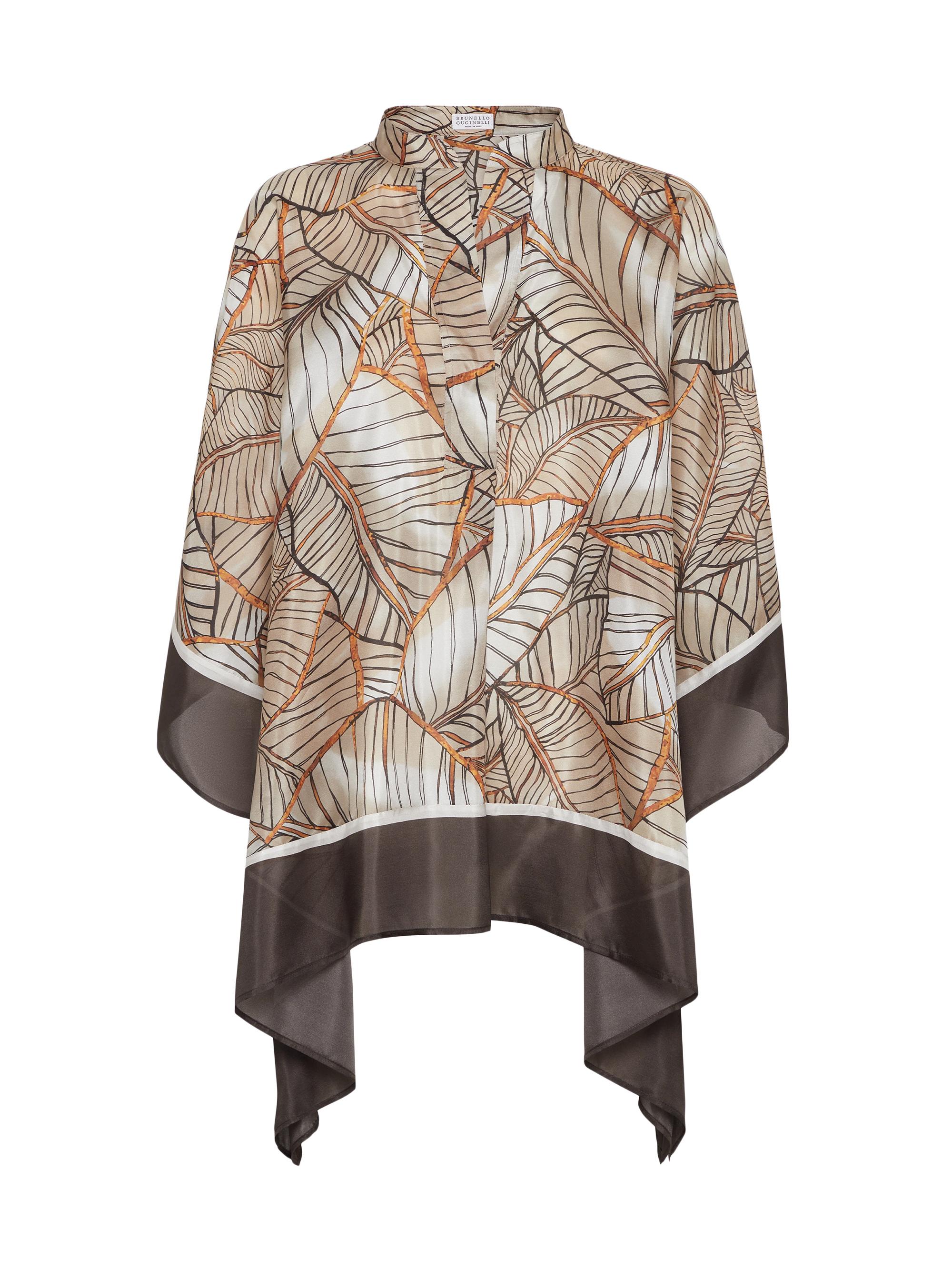 Brunello Cucinelli Women's Silk Papyrus Print Pongée Poncho - Cocoa