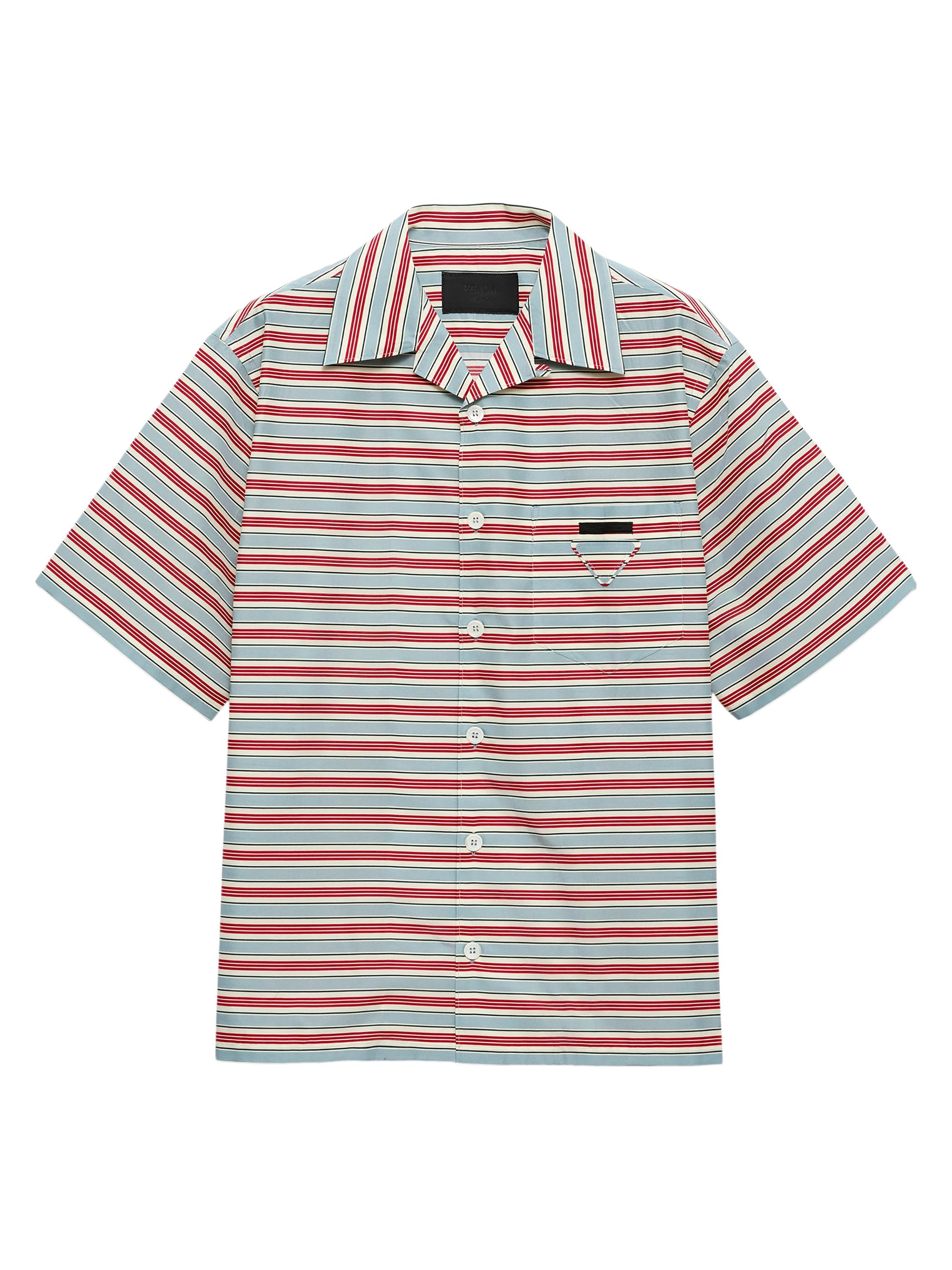 Prada Men's Striped Cotton Bowling Shirt - Turquoise