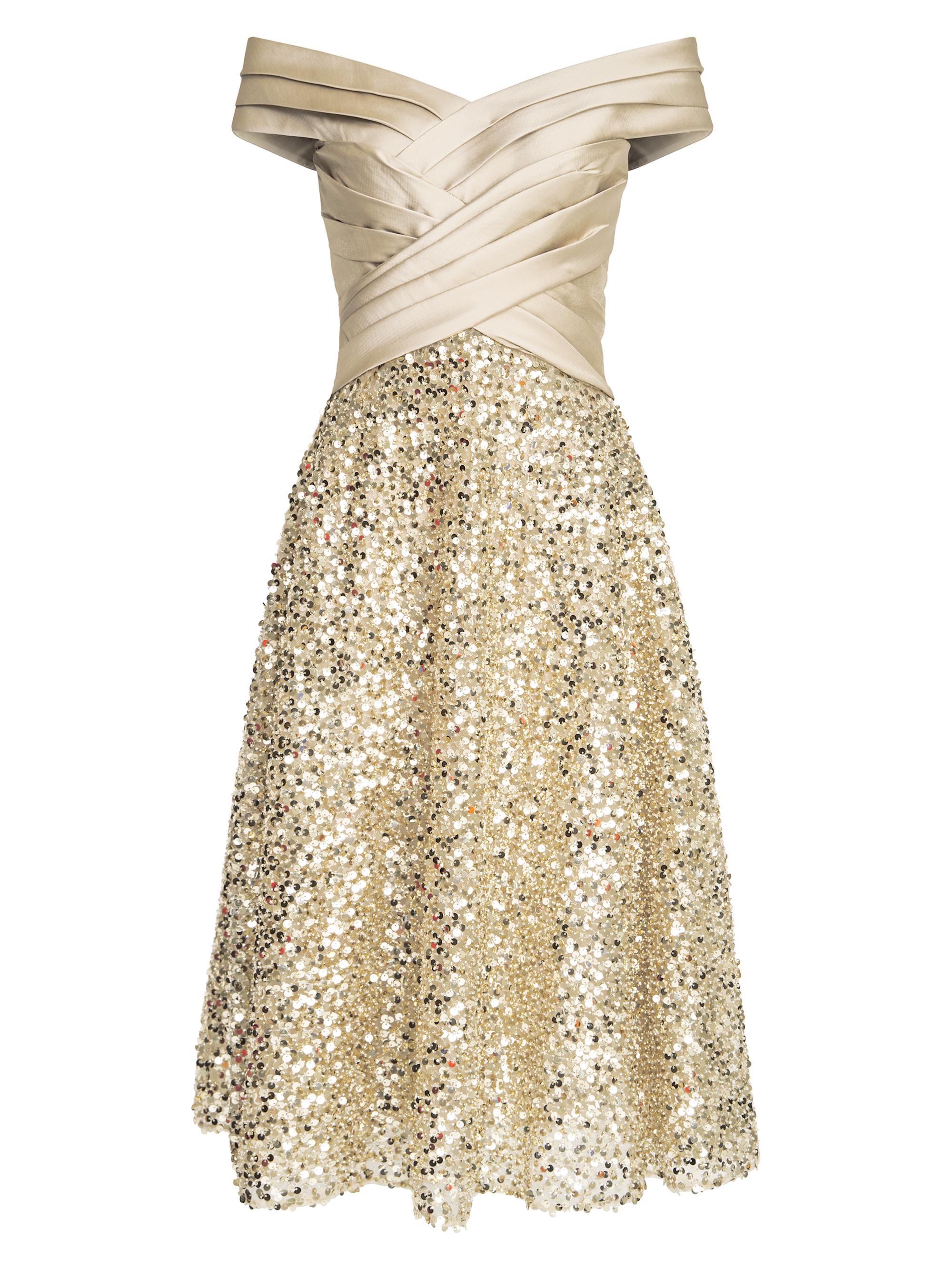 green emerald velvet dress Cassia Strapless Sequin Rose Midi Dress - Gold main image 0