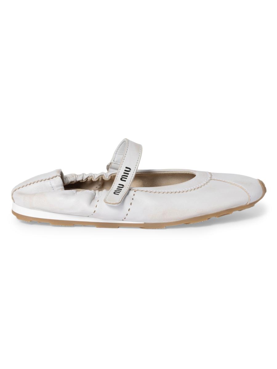 フラットシューズ MIU MIU Leather ballerinas Beige Miu Miu Beige Patent Leather Bow Detail Crystal Embellished