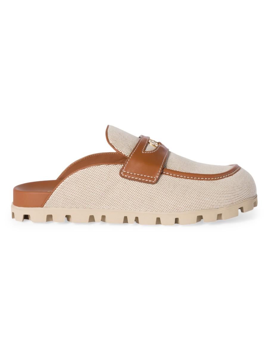 靴 Miu Miu Leather Mules Miu Miu Canvas and Leather Mules | Saks Fifth Avenue