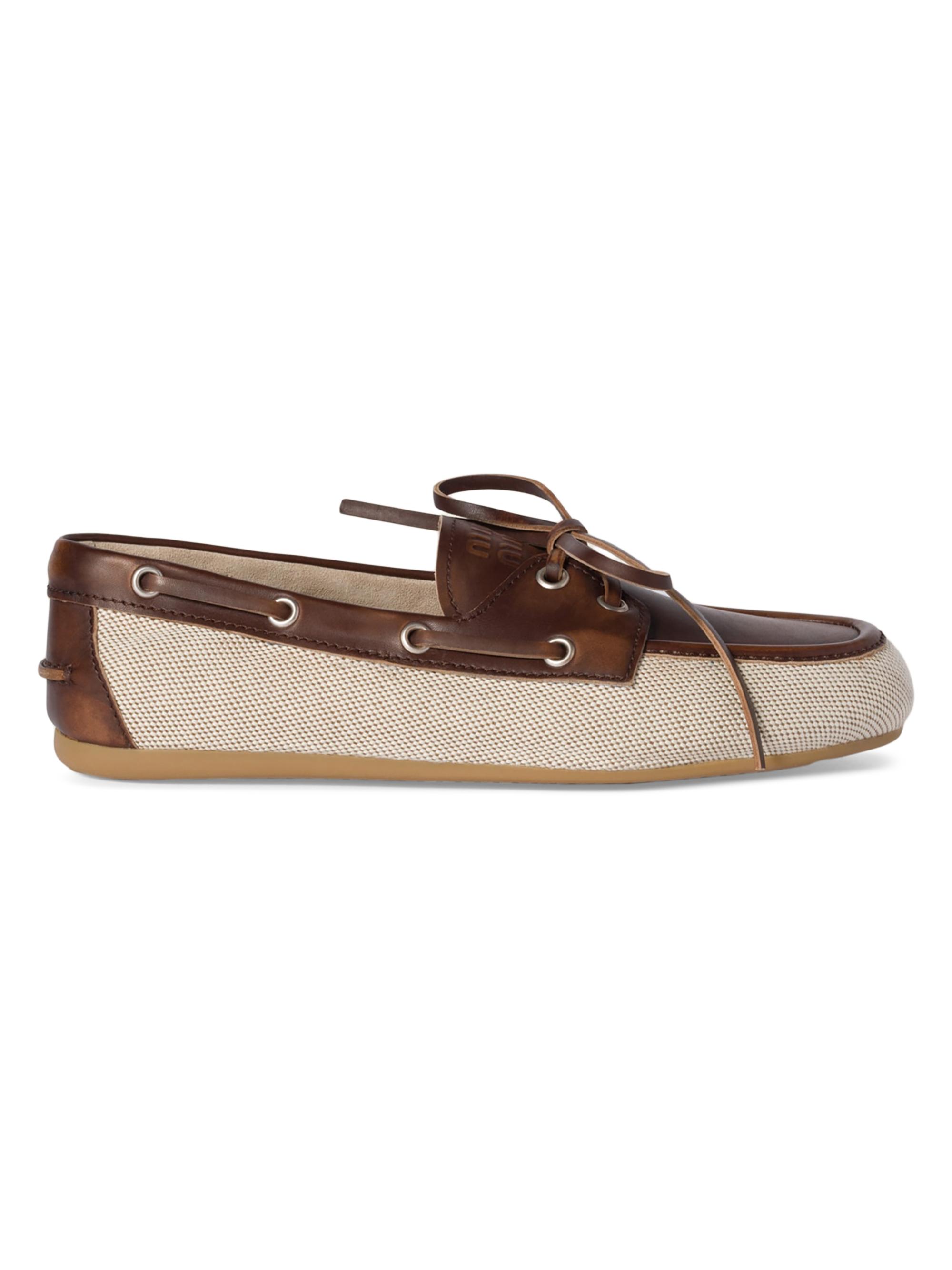Miu Miu Women's Canvas and Bleached Leather Boat Shoes - Beige Khaki
