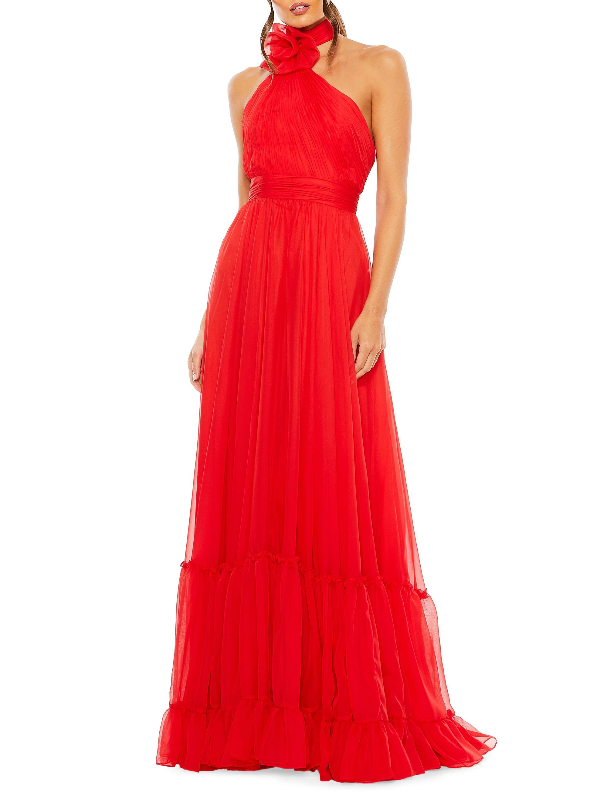 Mac Duggal Women's Flower Halter Tiered A-Line Gown - Red