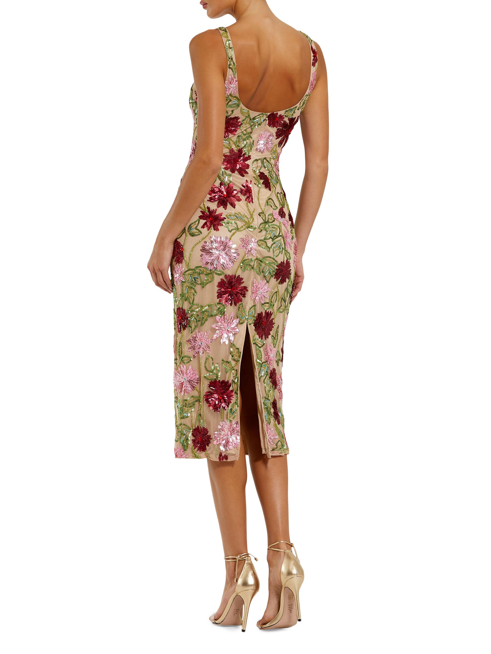 Mac Duggal - Beige Floral Beaded Scoop Neck Midi Dress - Nude Multi / US 4
