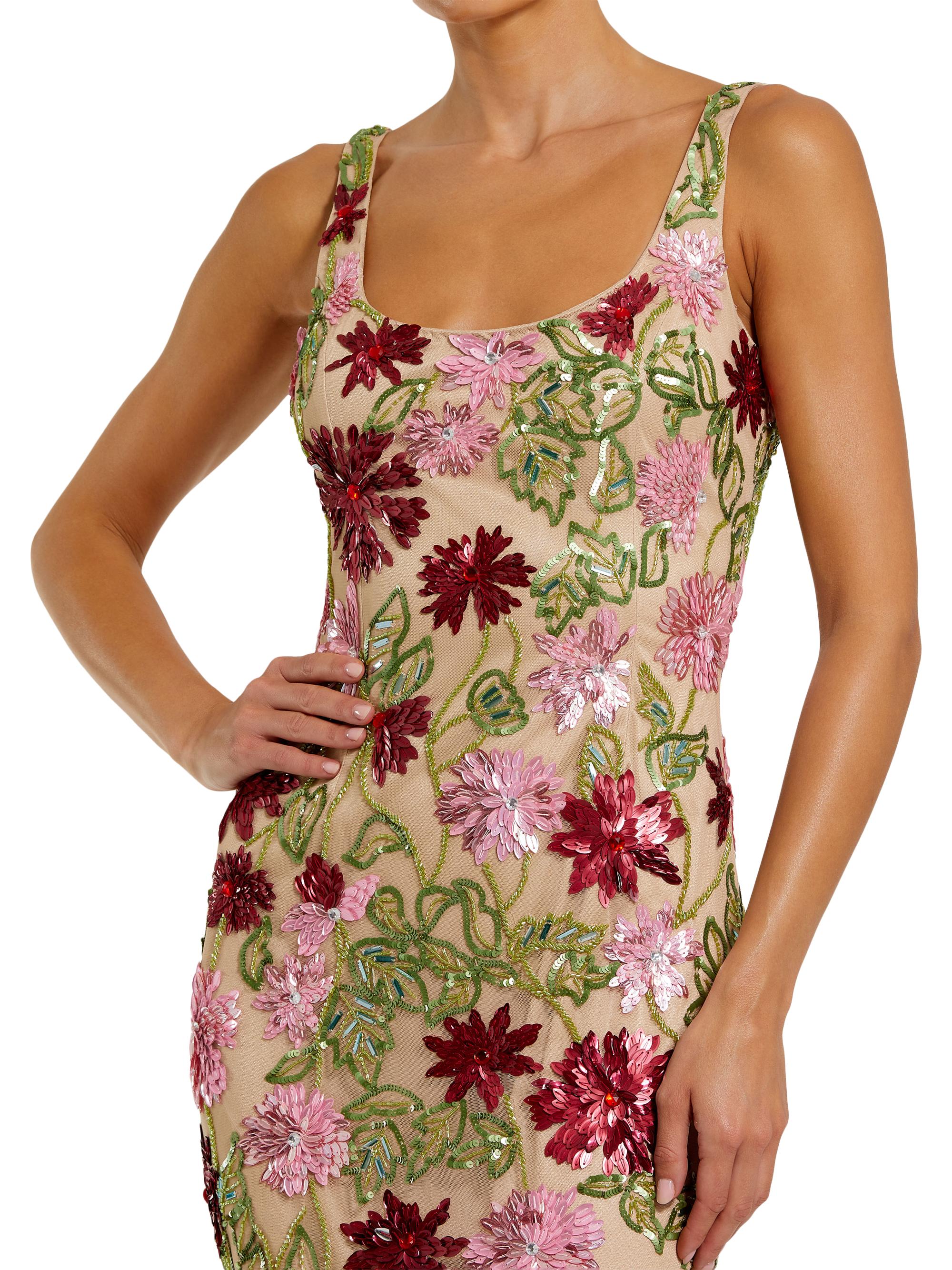 Mac Duggal Embellished Floral Mesh Scoopneck Midi-Dress - Beig...