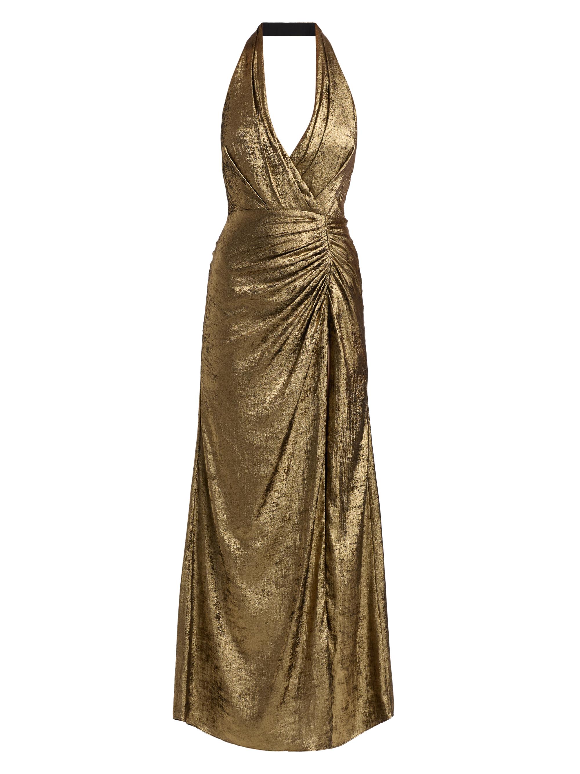 BCBGMAXAZRIA Women's Ruched Lamé Halterneck Gown - Gold