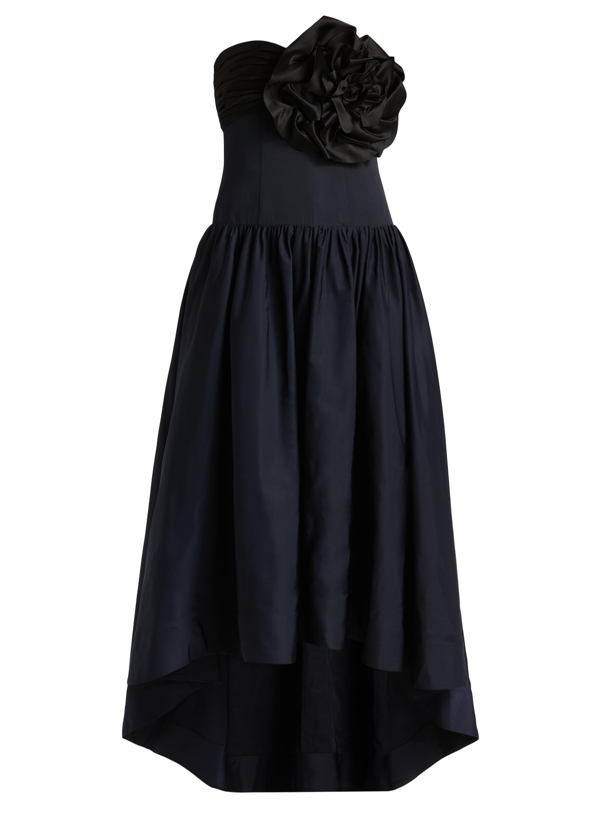 BCBGMAXAZRIA Women's Floral-Appliqué Strapless High-Low Gown - Black Sky Captain Combo