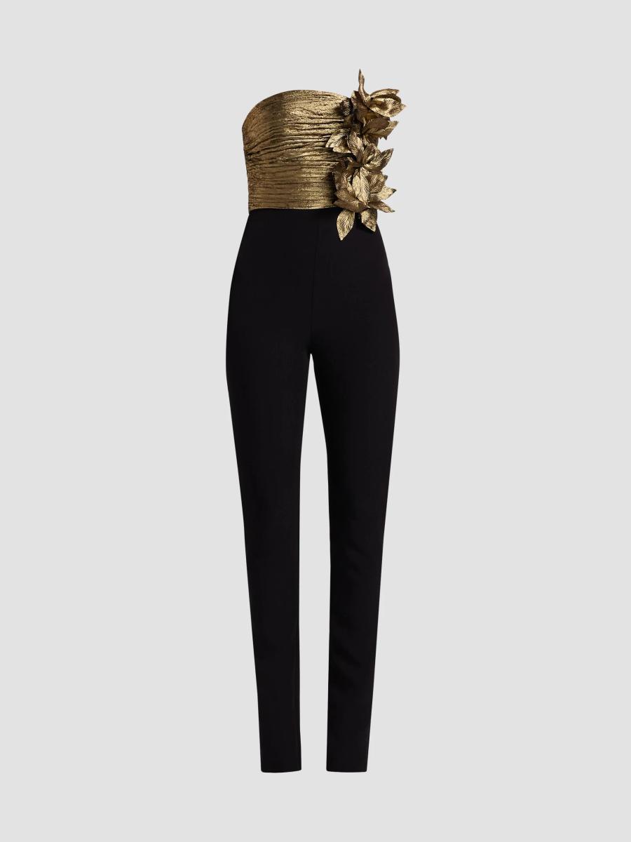 Bcbgmaxazria Women's Ruched Strapless Jumpsuit In Gold Black Combo