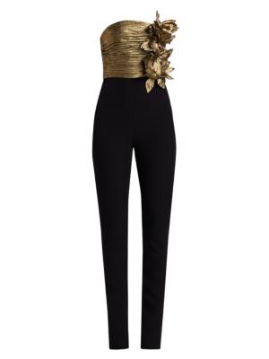 BCBGMAXAZRIA Women's Ruched Strapless Jumpsuit - Gold Black Combo
