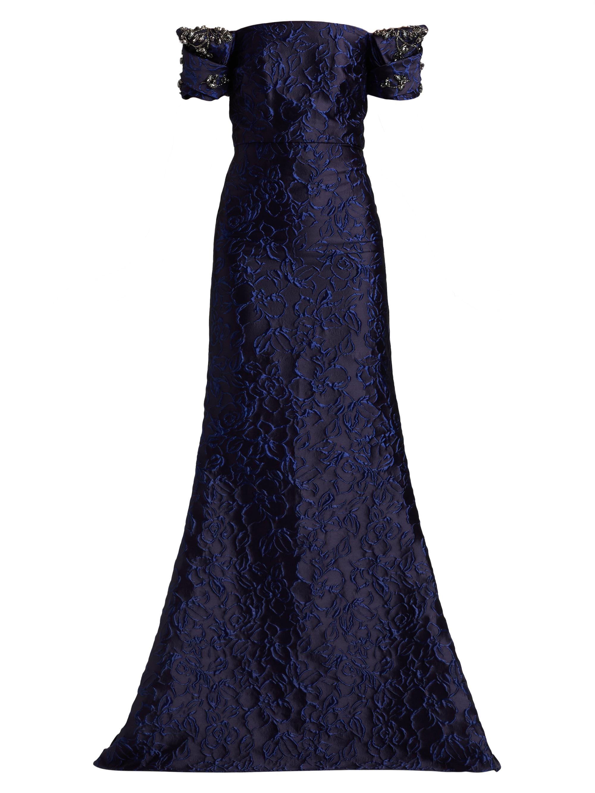 Badgley Mischka Women's Floral Jacquard Trumpet-Hem Gown - Cobalt