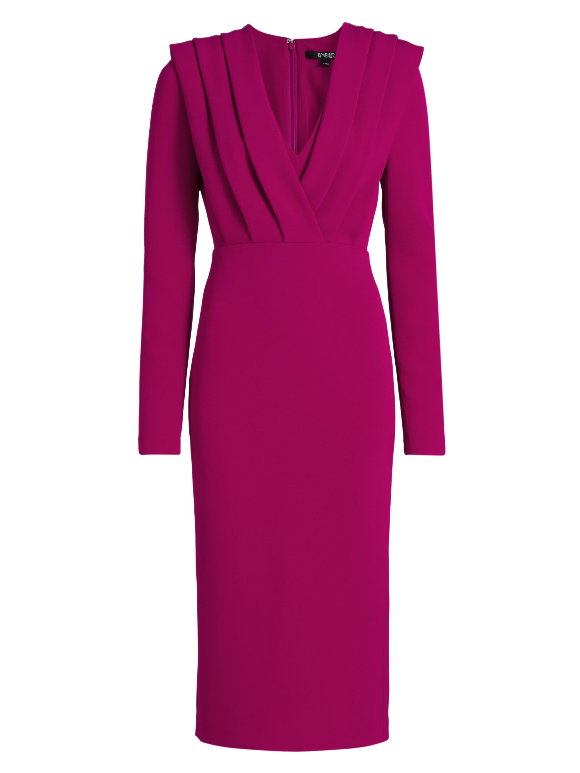 Badgley Mischka Women's Pleated Stretch Crepe V-Neck Midi-Dress - Raspberry