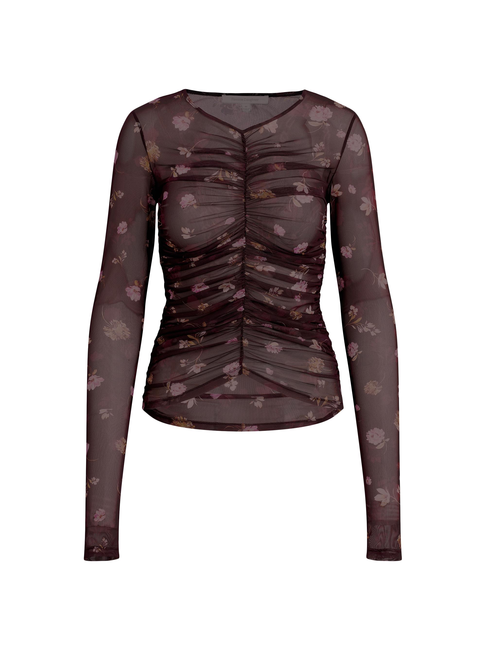 Favorite Daughter Women's Party Floral Mesh Ruched V-neck Top - Whimsical Monet