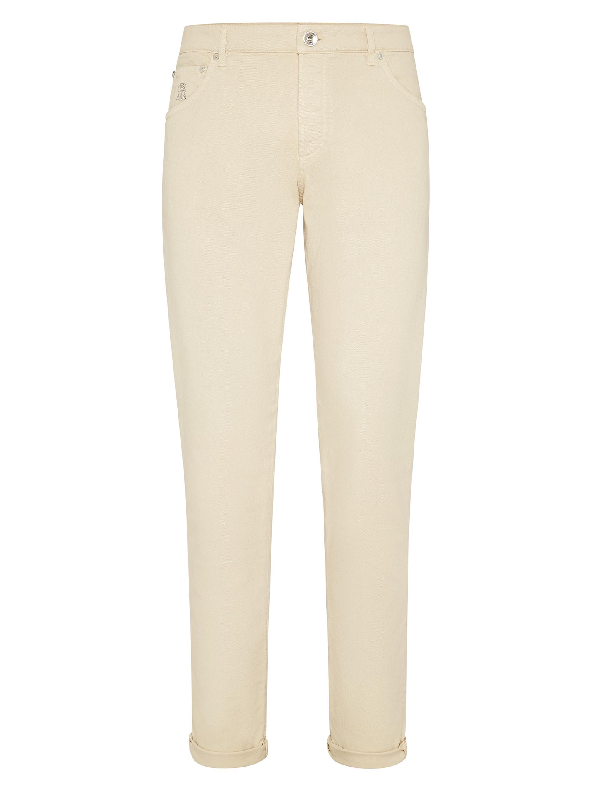 Brunello Cucinelli Men's Garment Dyed Slim Fit Trousers In Comfort Cotton Lightweight Denim - Buff