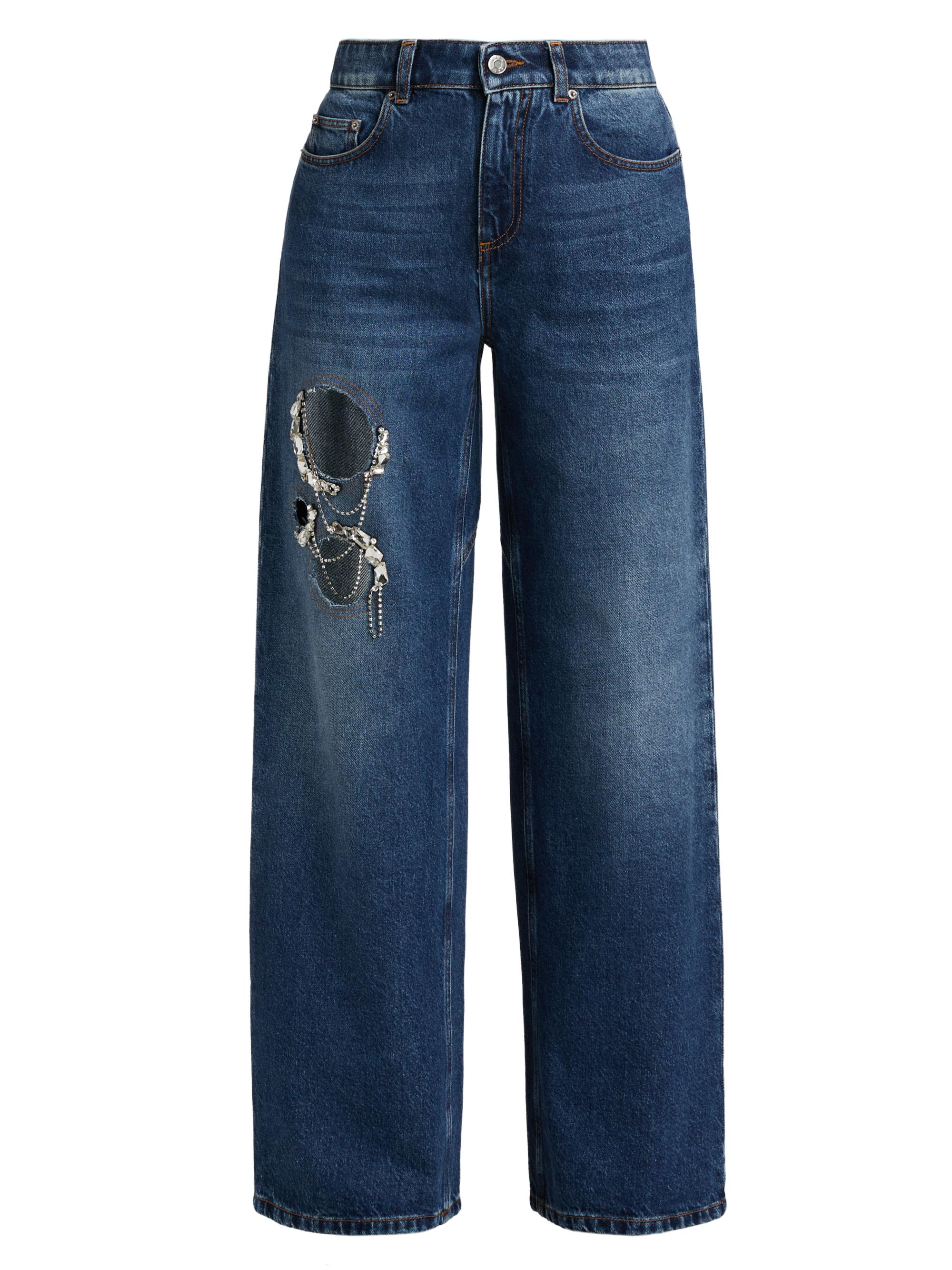 Area Women's Crystal Chain Cut-Out Relaxed Jeans - Medium Blue