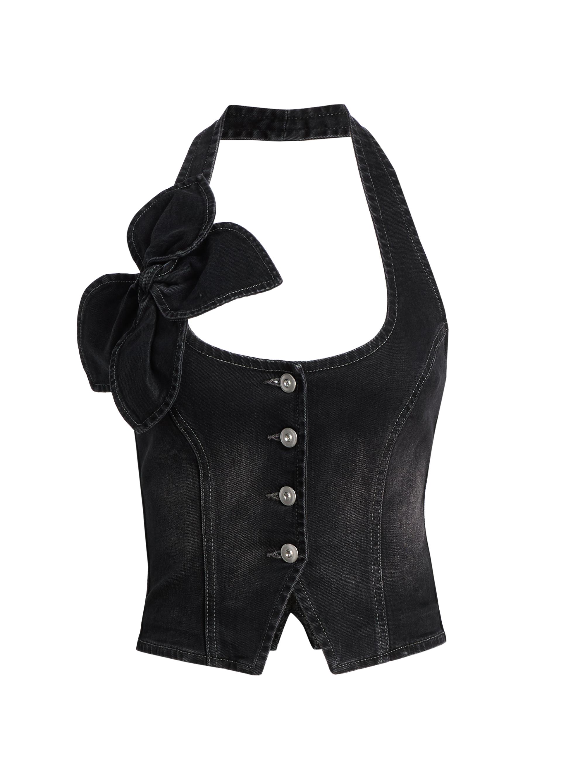 Area Women's Denim Bow Halter Top - Washed Black