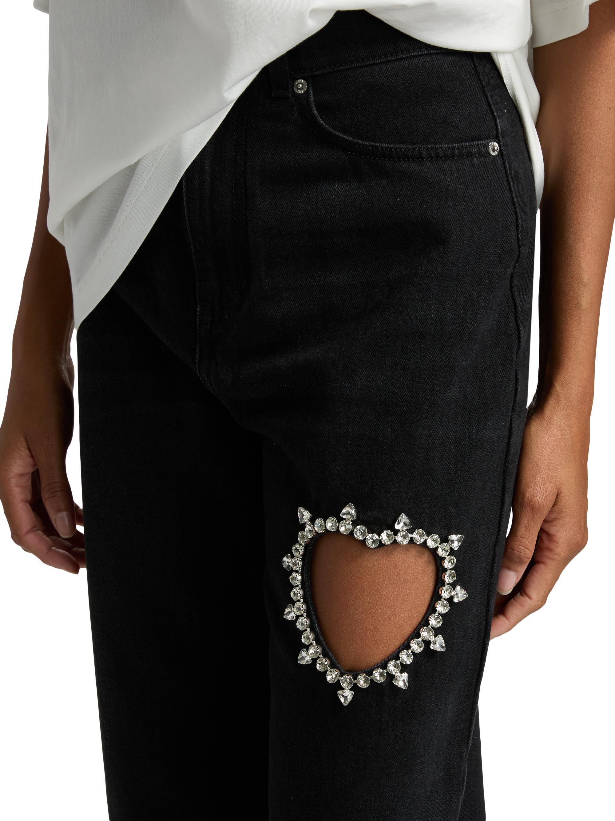 Crystal Heart Embellished Straight Jeans