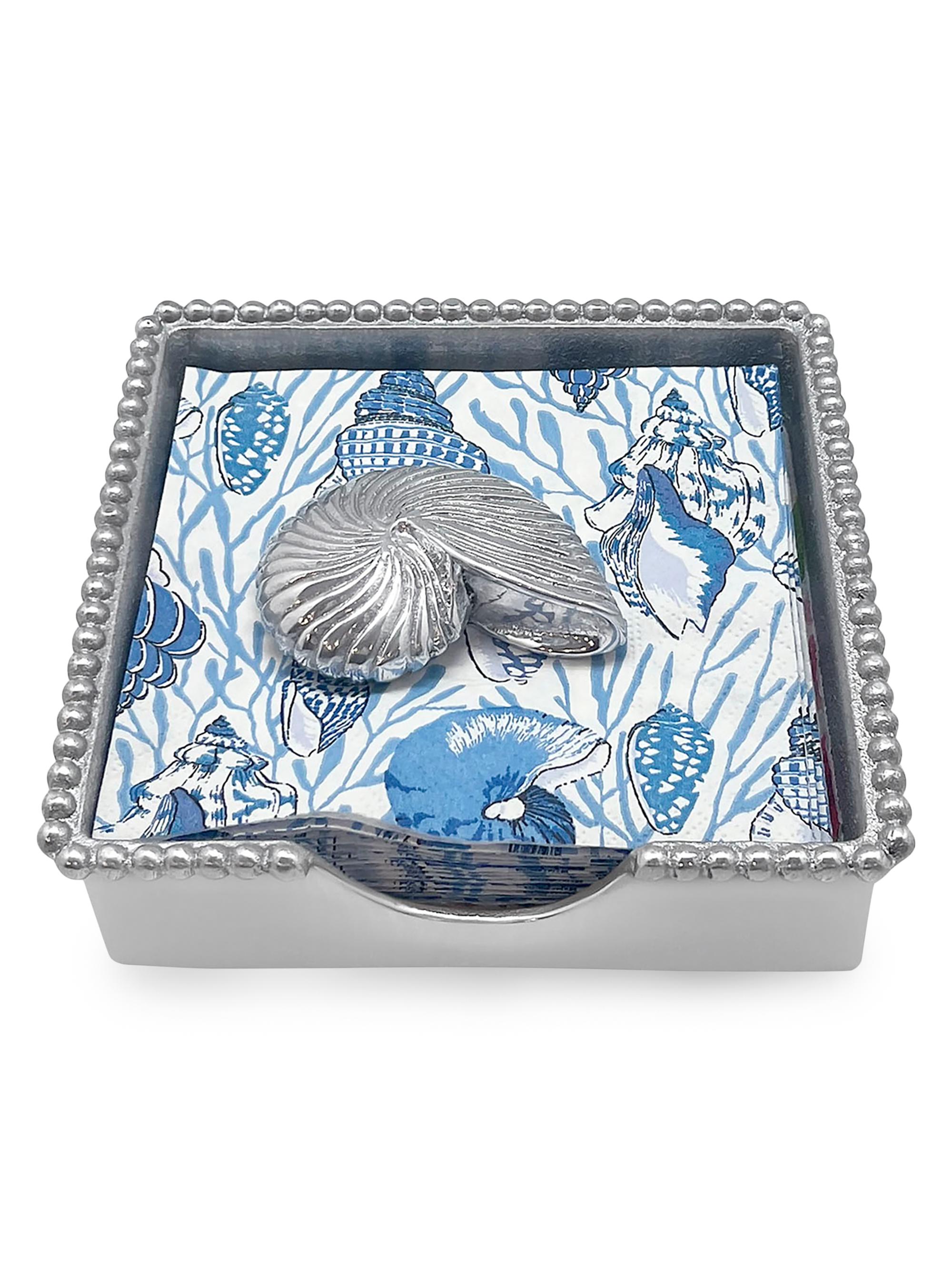 Mariposa Nautilus Shell Beaded Napkin Box Set - Silver