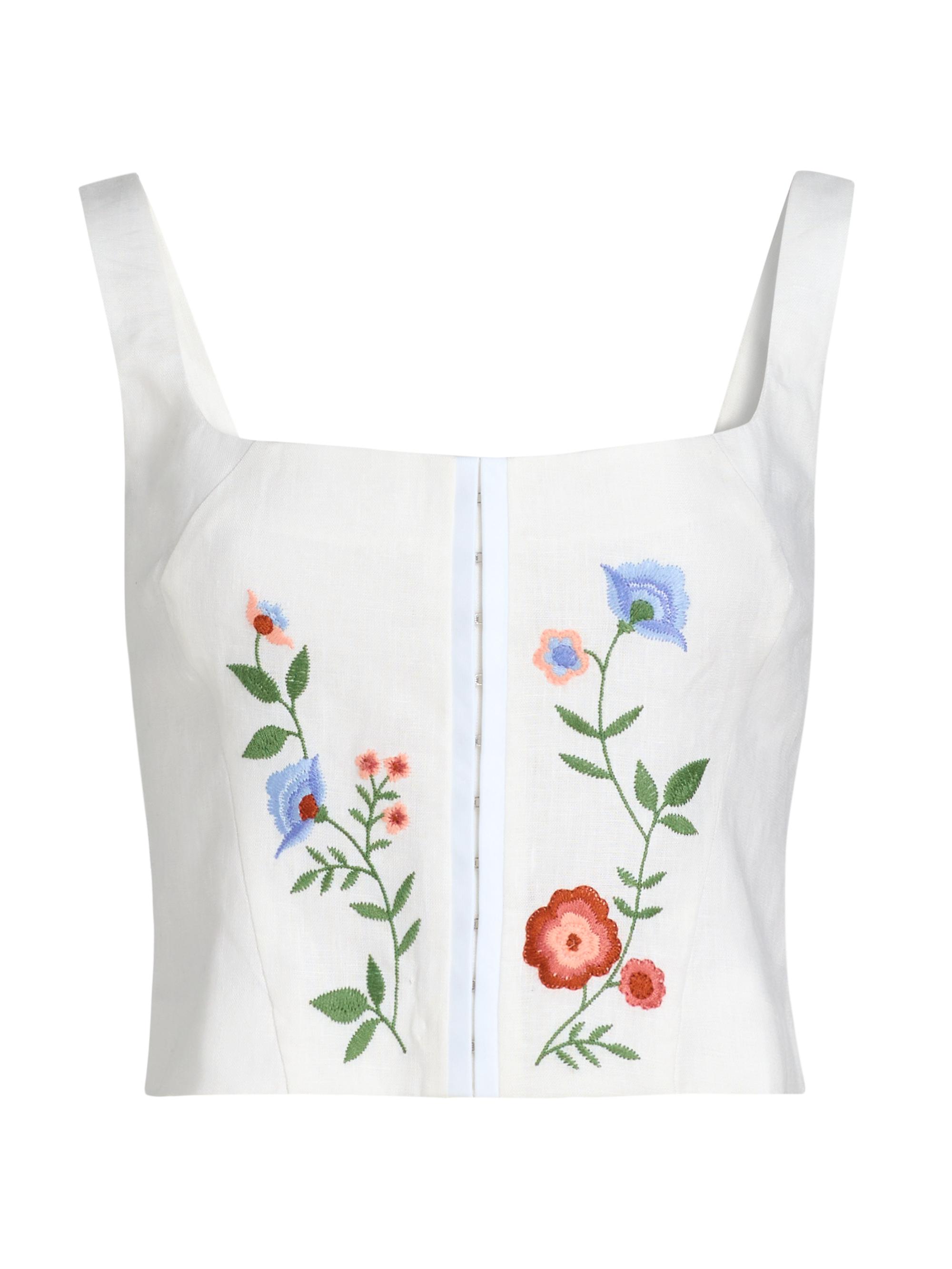 Reformation Women's Juliet Floral Embroidered Linen Top - White