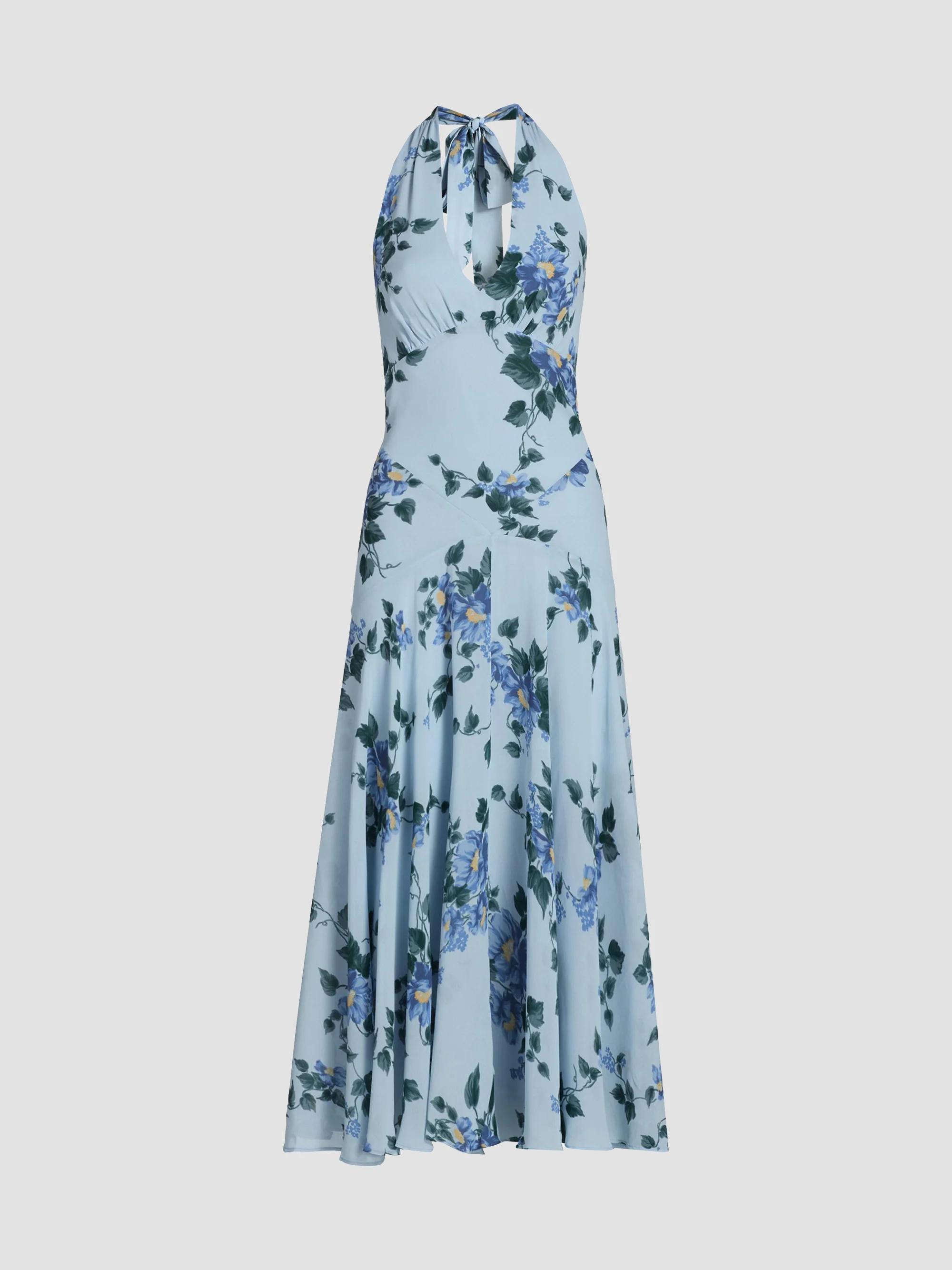 reformation briony sleeveless a-line midi dress Floral Halterneck Maxi Size_VV corset a line wedding Size:EU 46 tie neck