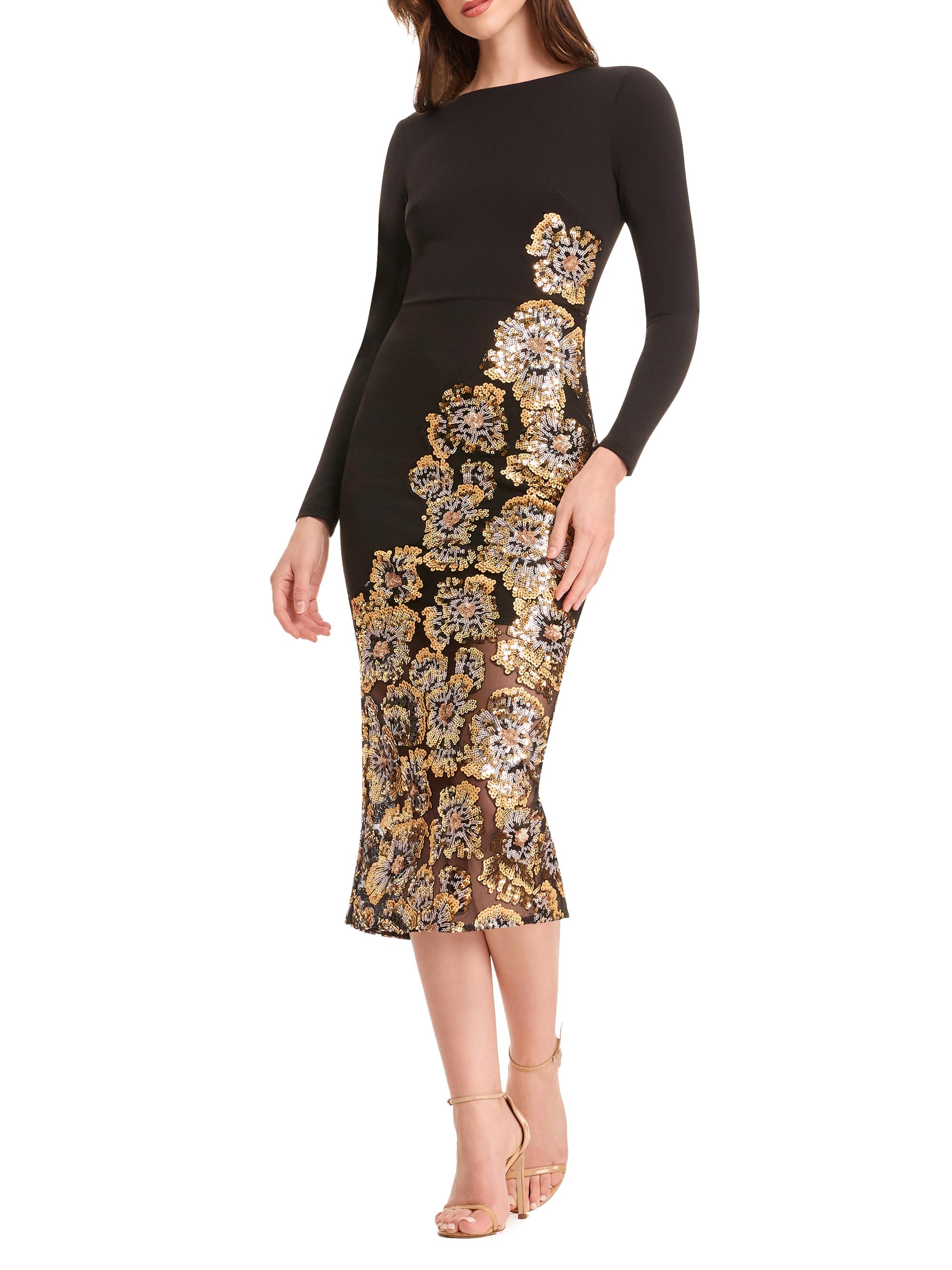dress the population marlene Dress the Population Marlene Plunging Embroidered Mesh Maxi Dress