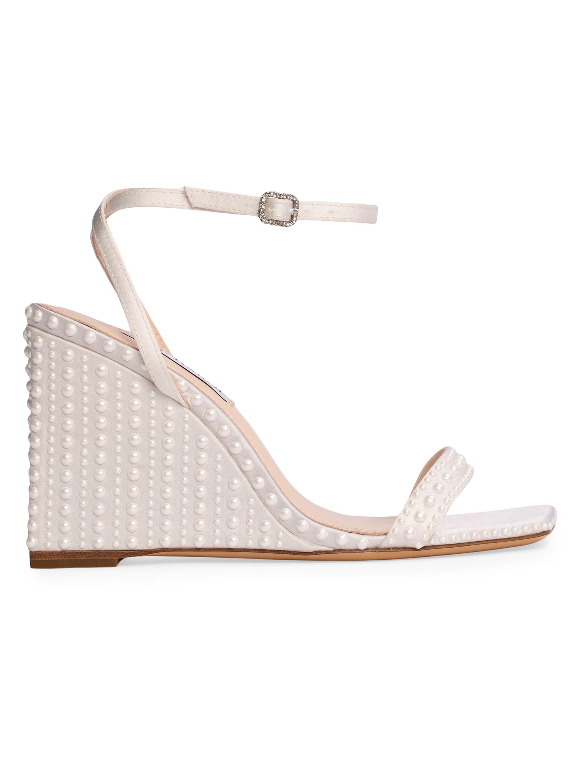 Anne Barge Women's Ella Satin Wedge Sandals - White Satin Pearls