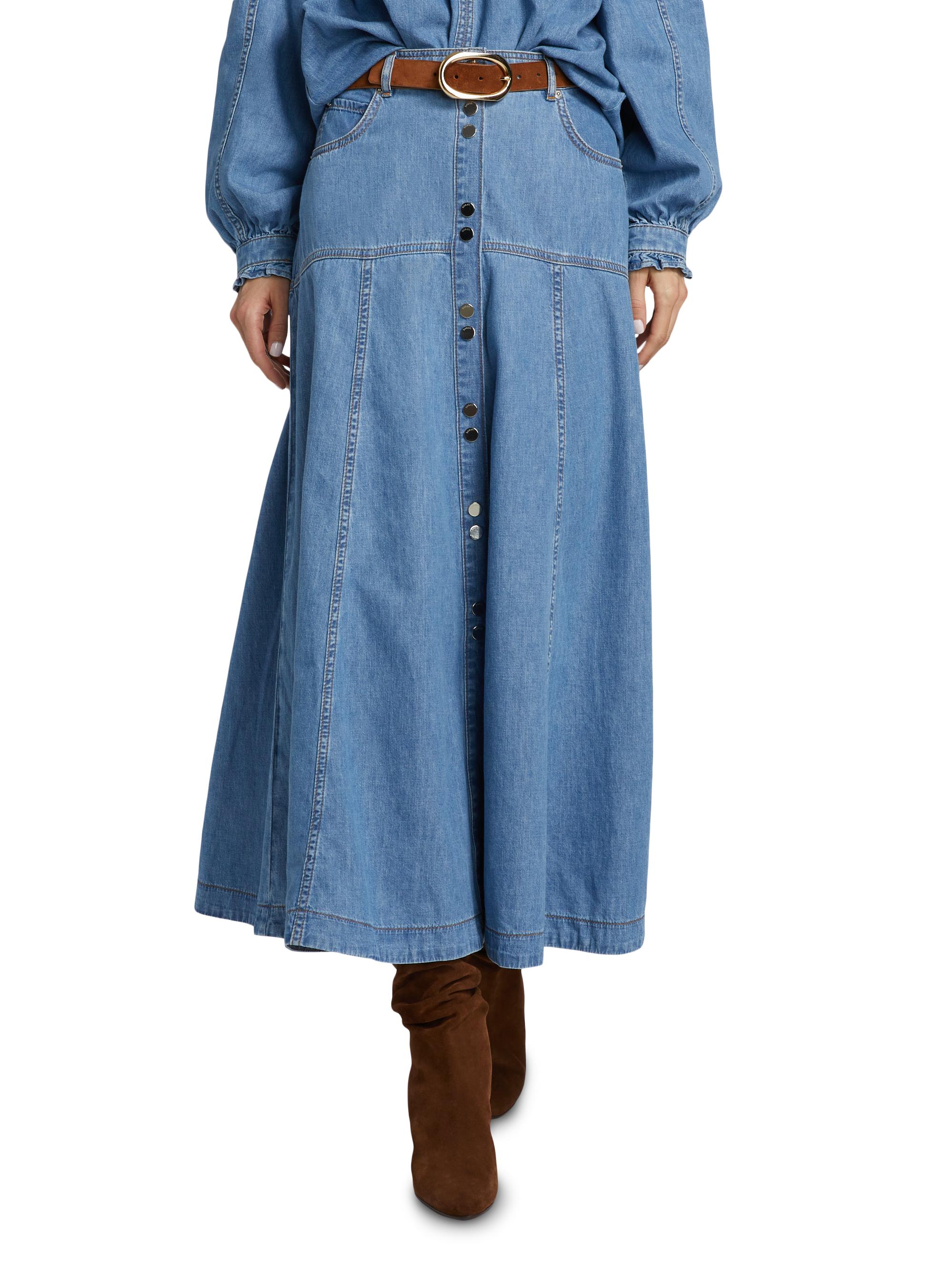 Denim A-Line Midi Denim Skirt light-blue