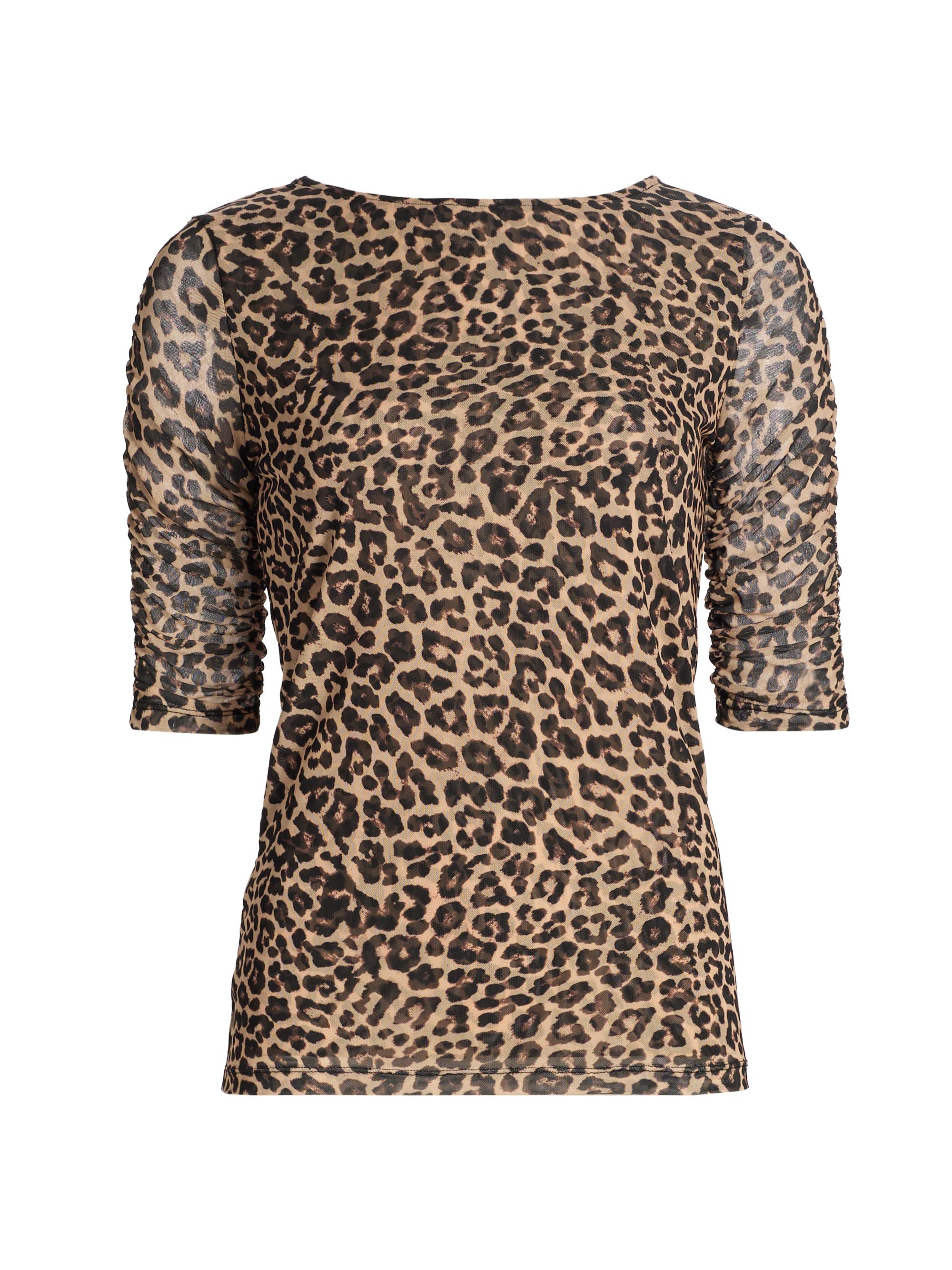Johnny Was Women's Leopard Ruched-Sleeve Mesh Top - Chestnut Leopard
