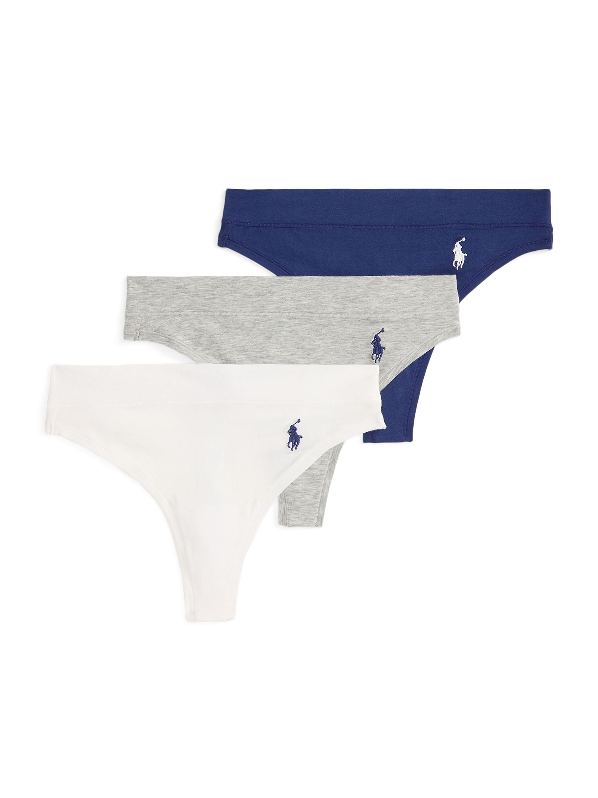 Polo Ralph Lauren Women's Club Cotton 3-Pack Stretch-Cotton Logo Thong Set - White Grey Navy