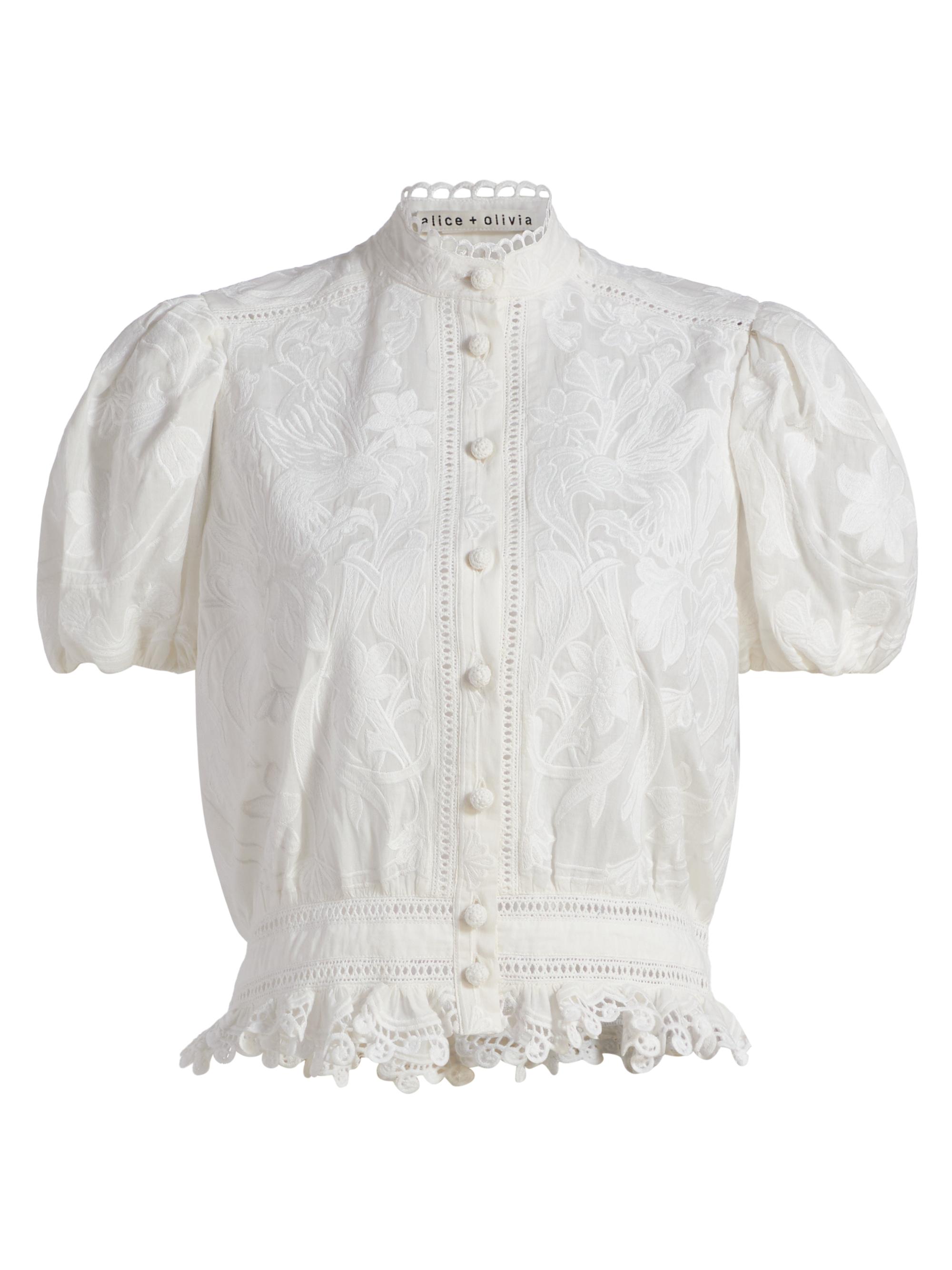 Alice + Olivia Women's Loryn Embroidered Cotton Short-Sleeve Blouse - Off White