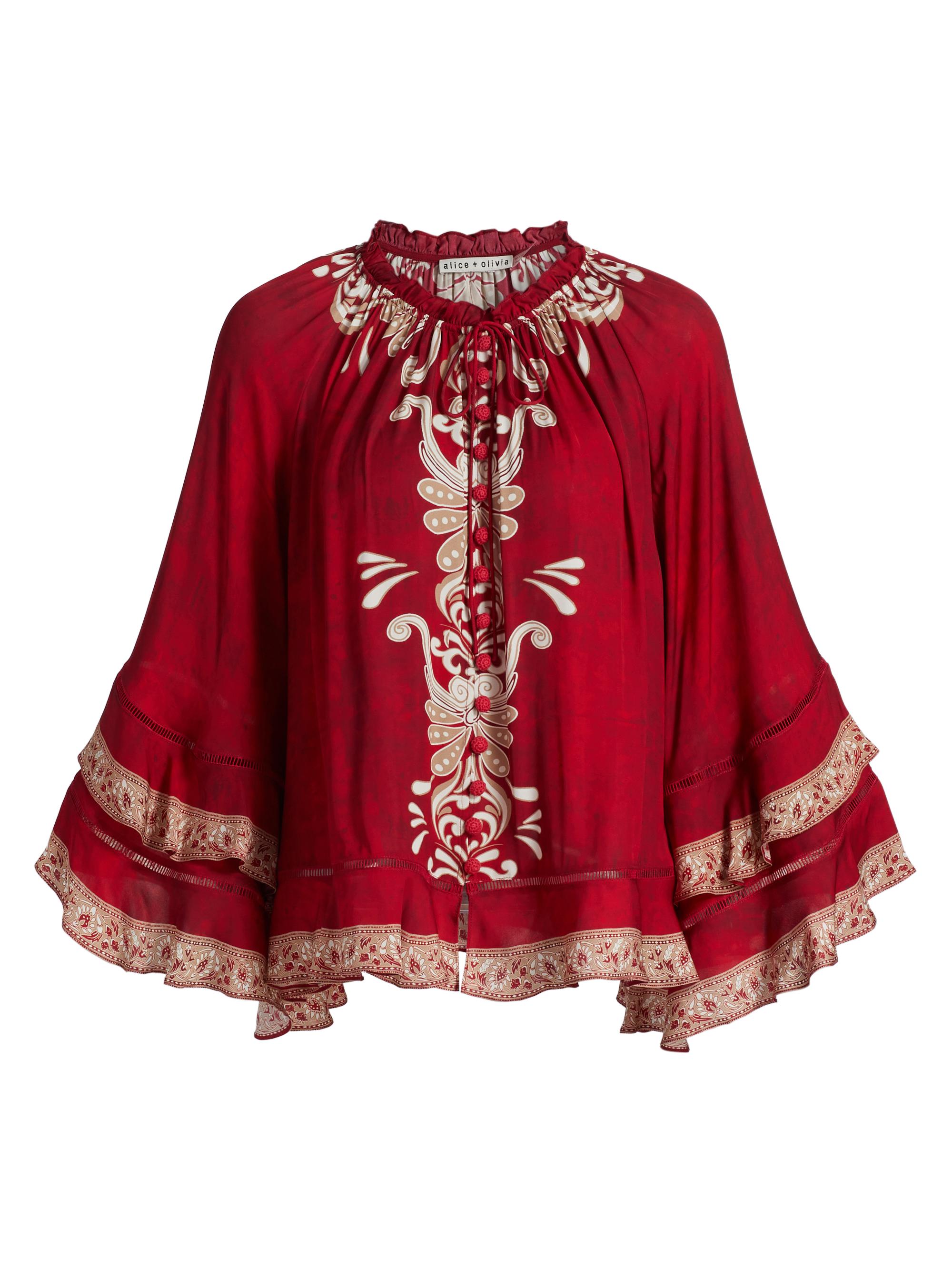 Alice + Olivia Women's Leonora Button-Frontt Ruffle Sleeve Tunic Top - Serenade Dark Cherry
