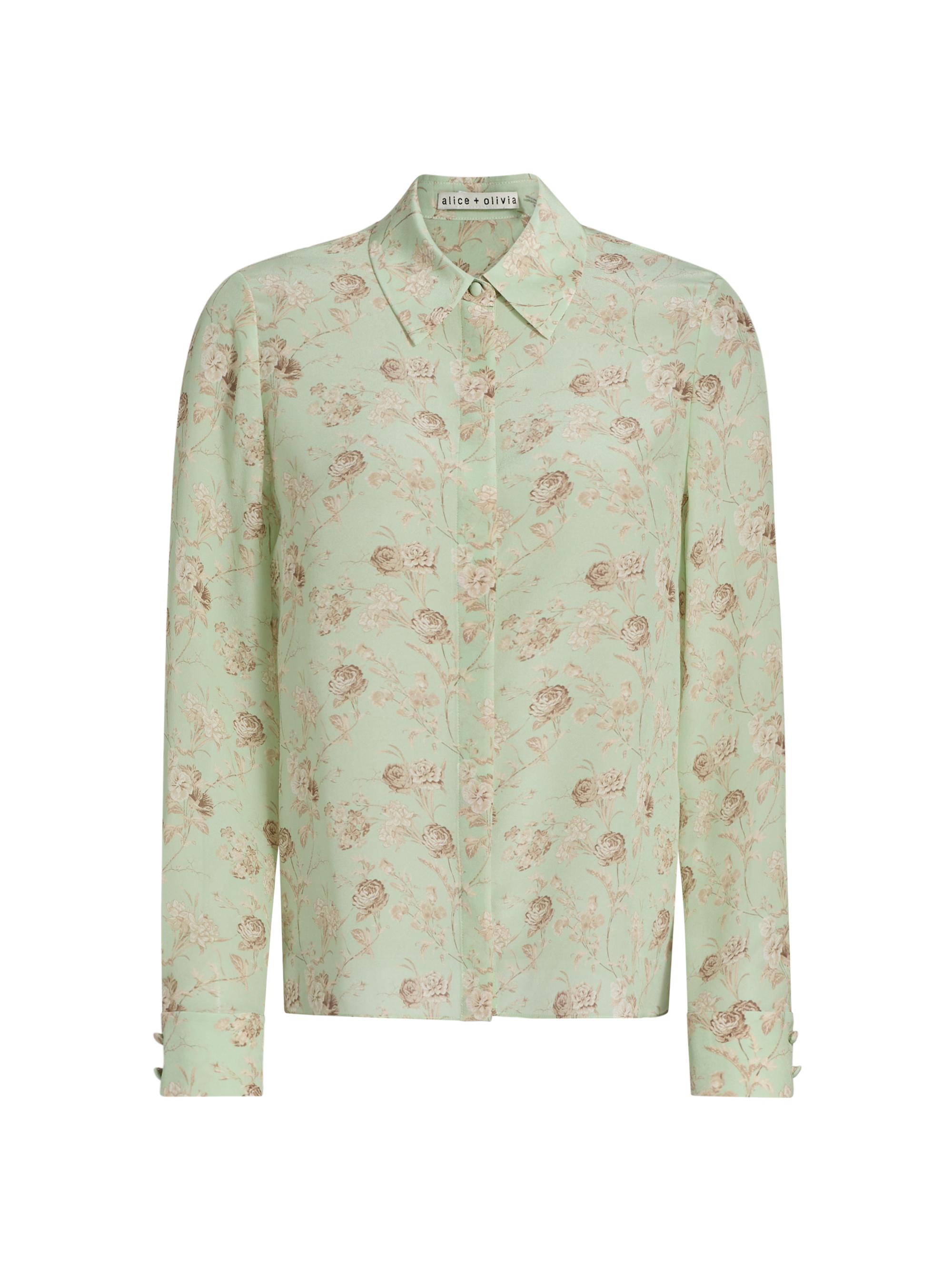 Alice + Olivia Women's Willa Floral Silk Button-Front Shirt - Peak Floral Green Tea