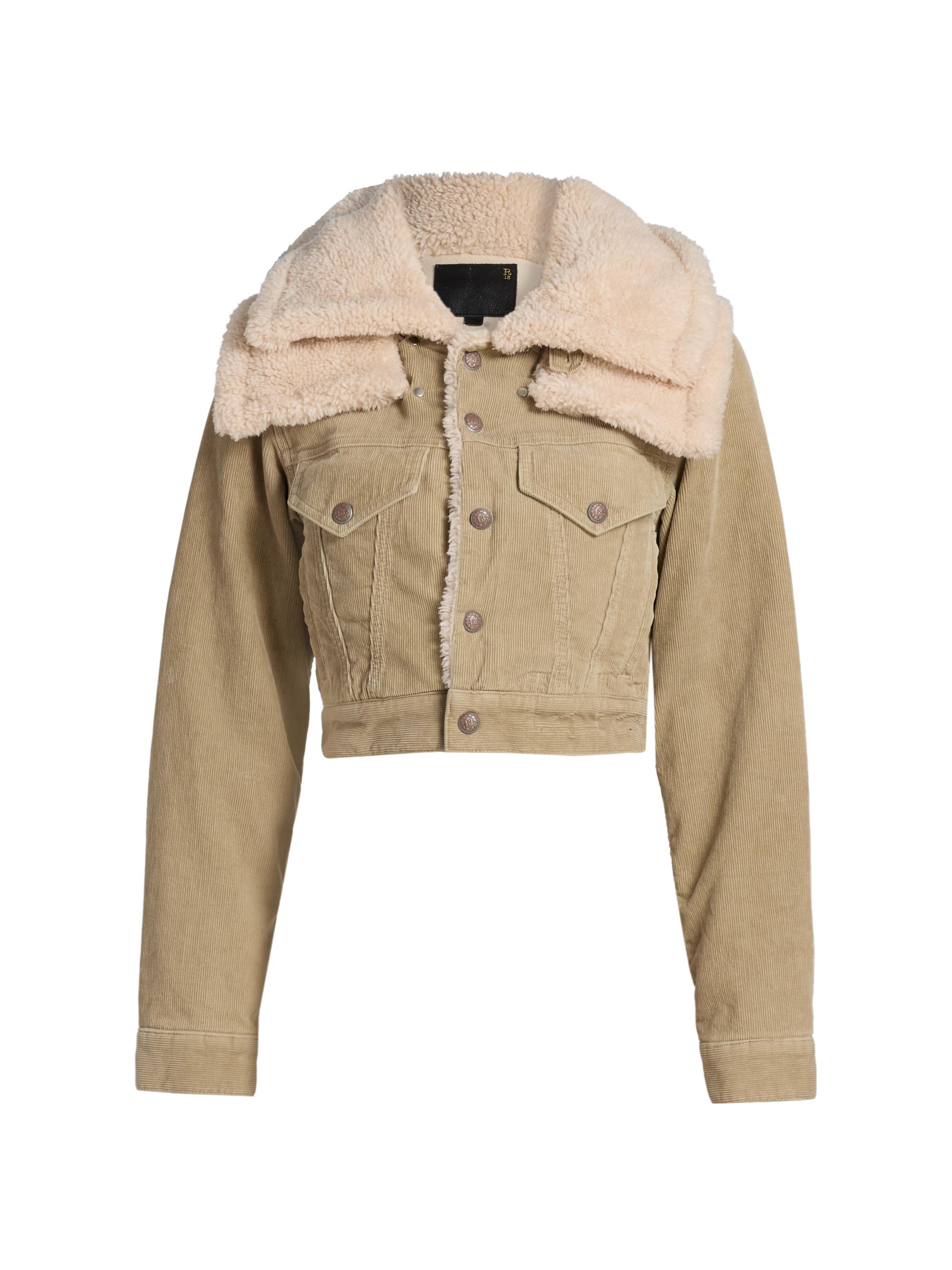 R13 Women's Corduroy & Faux-Sherpa Crop Trucker Jacket - Stone Pinwale Cord