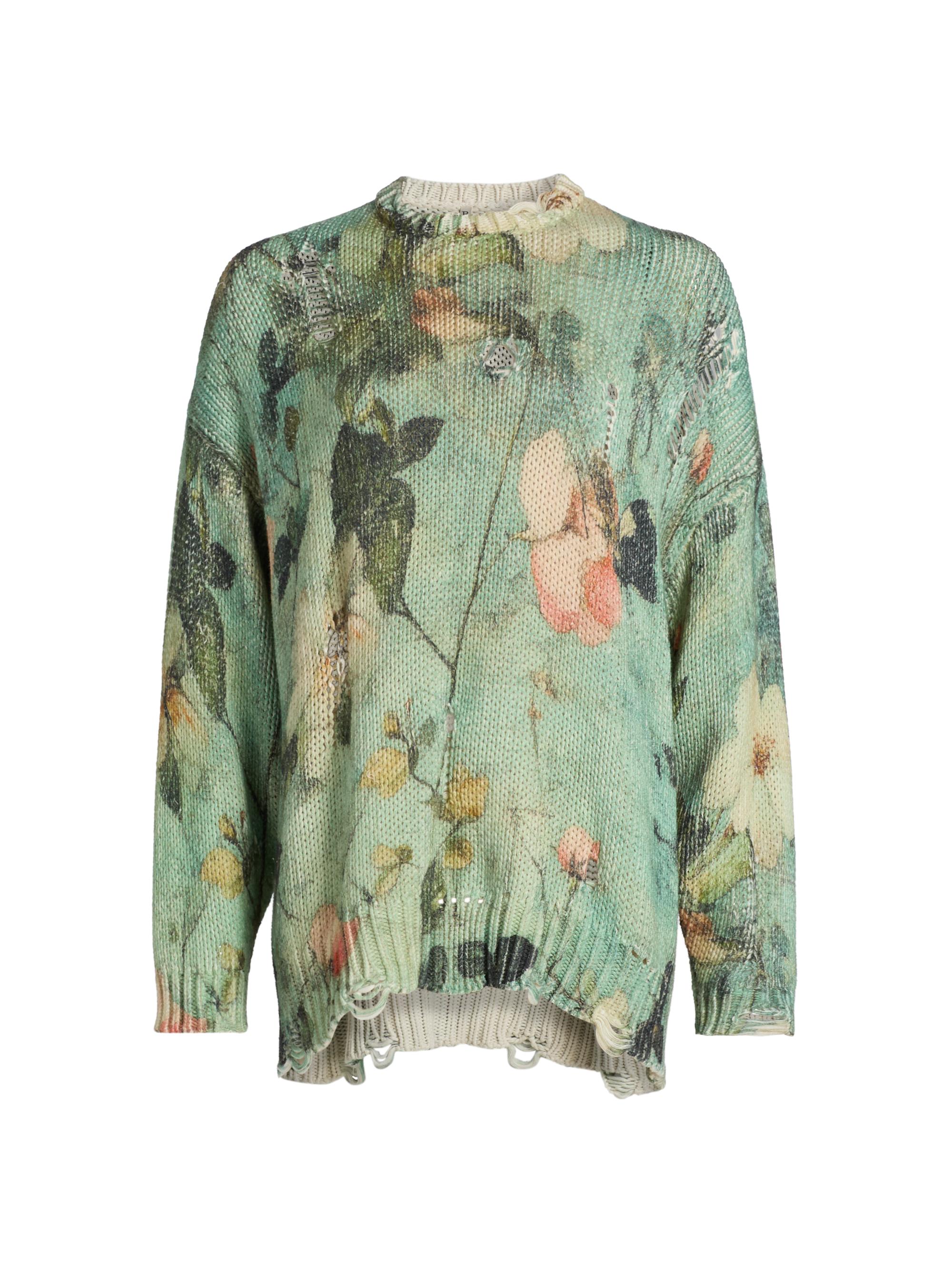 R13 Women's Distressed Floral Cashmere Crewneck Sweater - Turquoise Floral